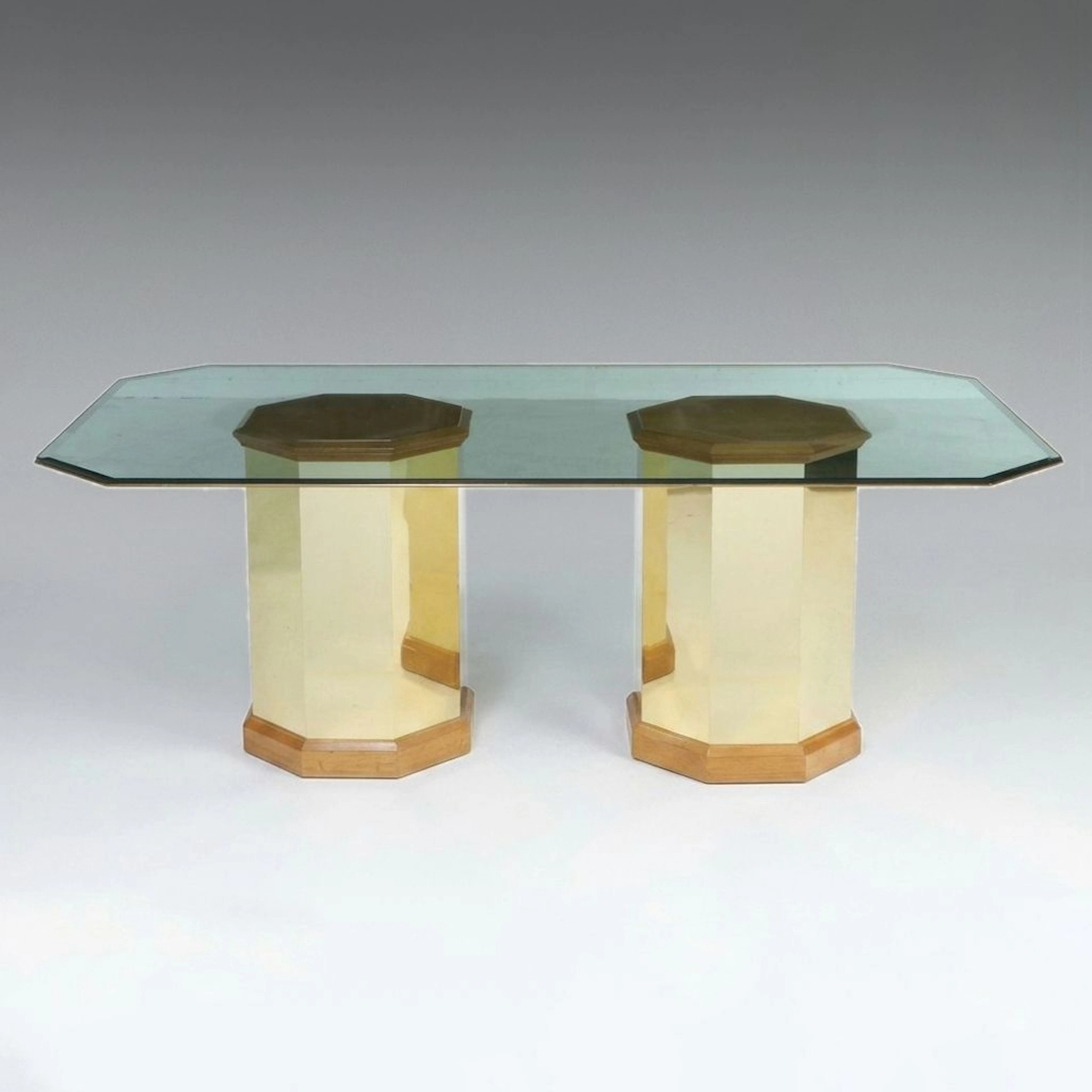Thomasville "Topaz" Glass Top Dining Table with Brass Octagonal Pedestals