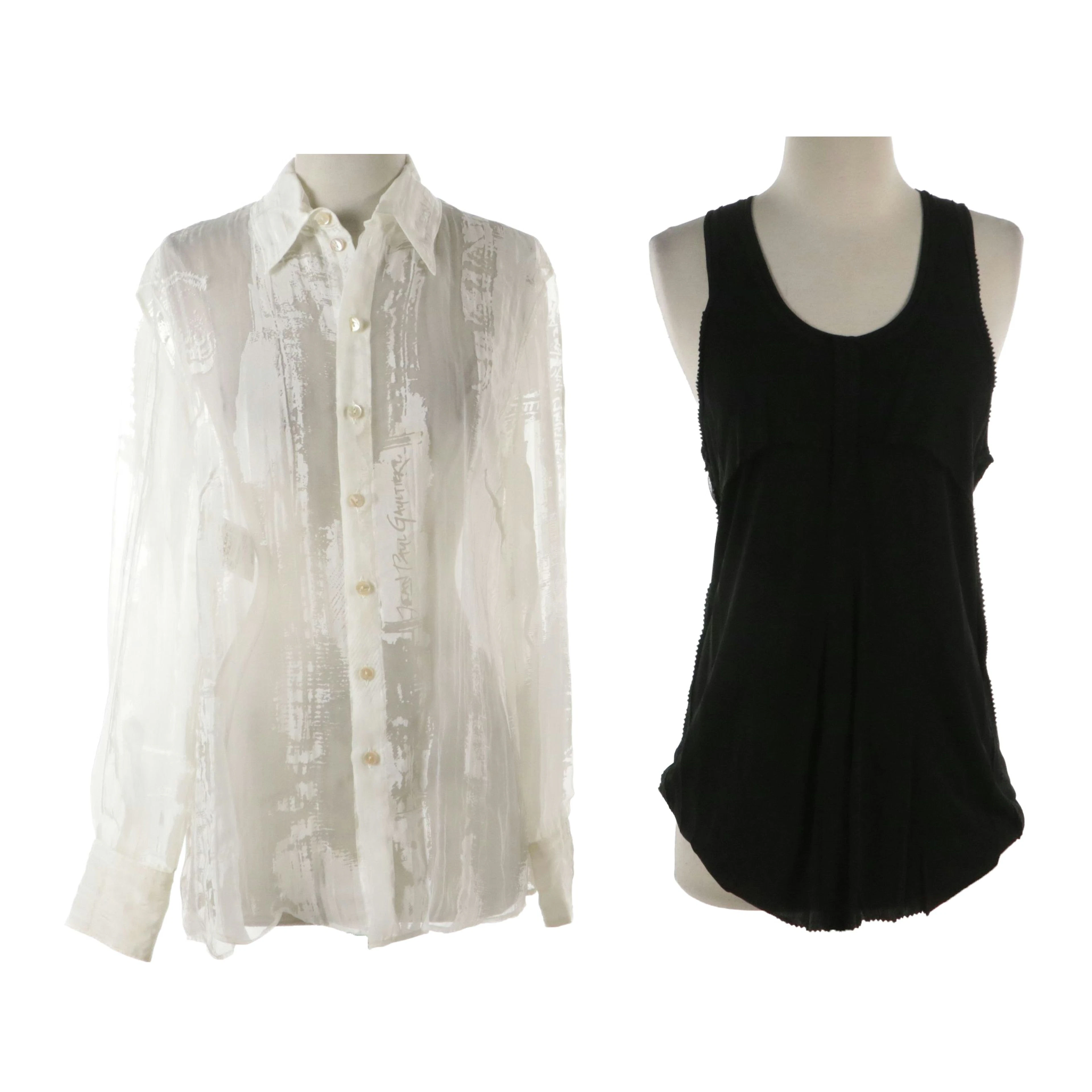 Jean Paul Gaultier Femme Printed Sheer Rayon Blend Blouse and Mesh Layered Tank