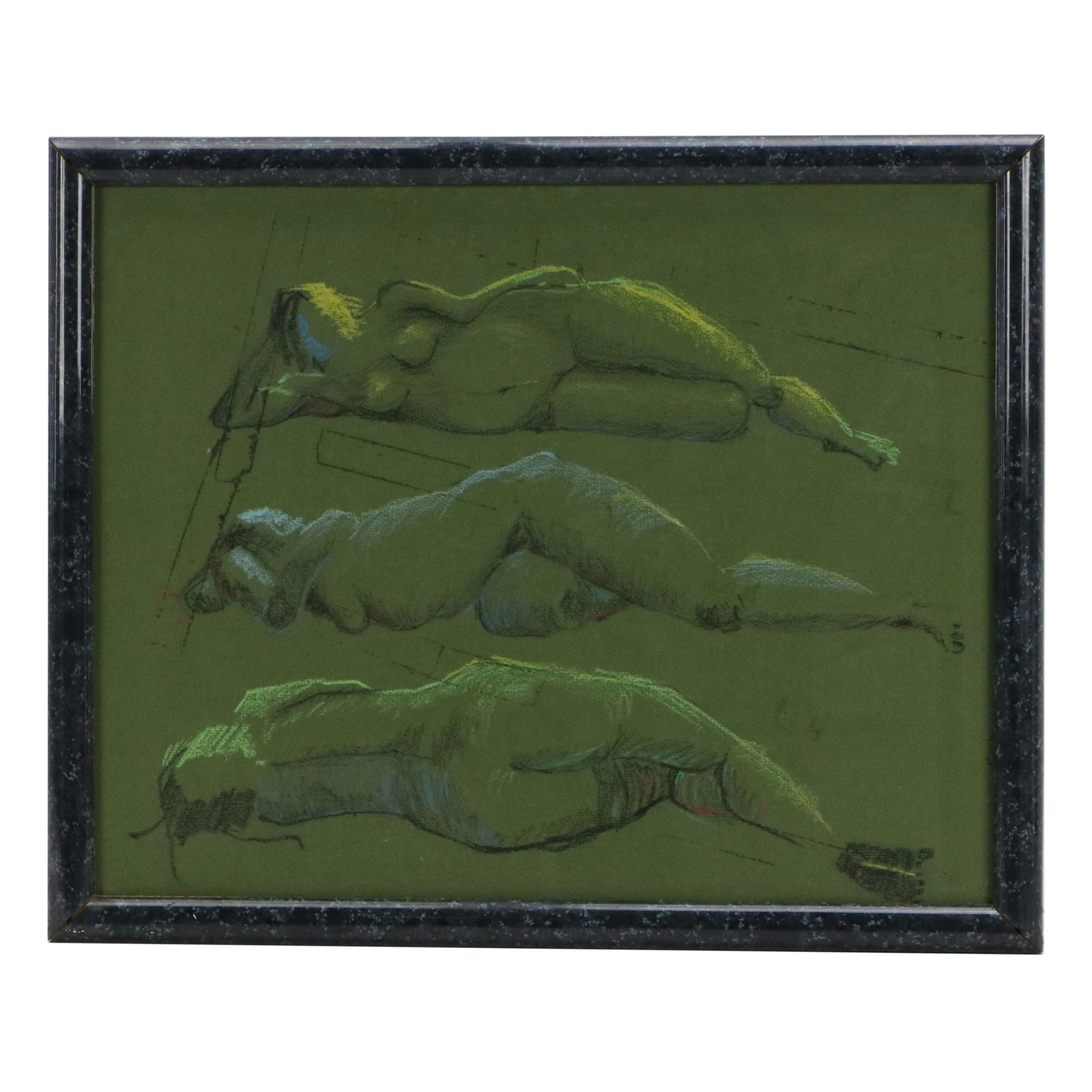 Stylized Figure Study Pastel Drawing of Reclining Woman