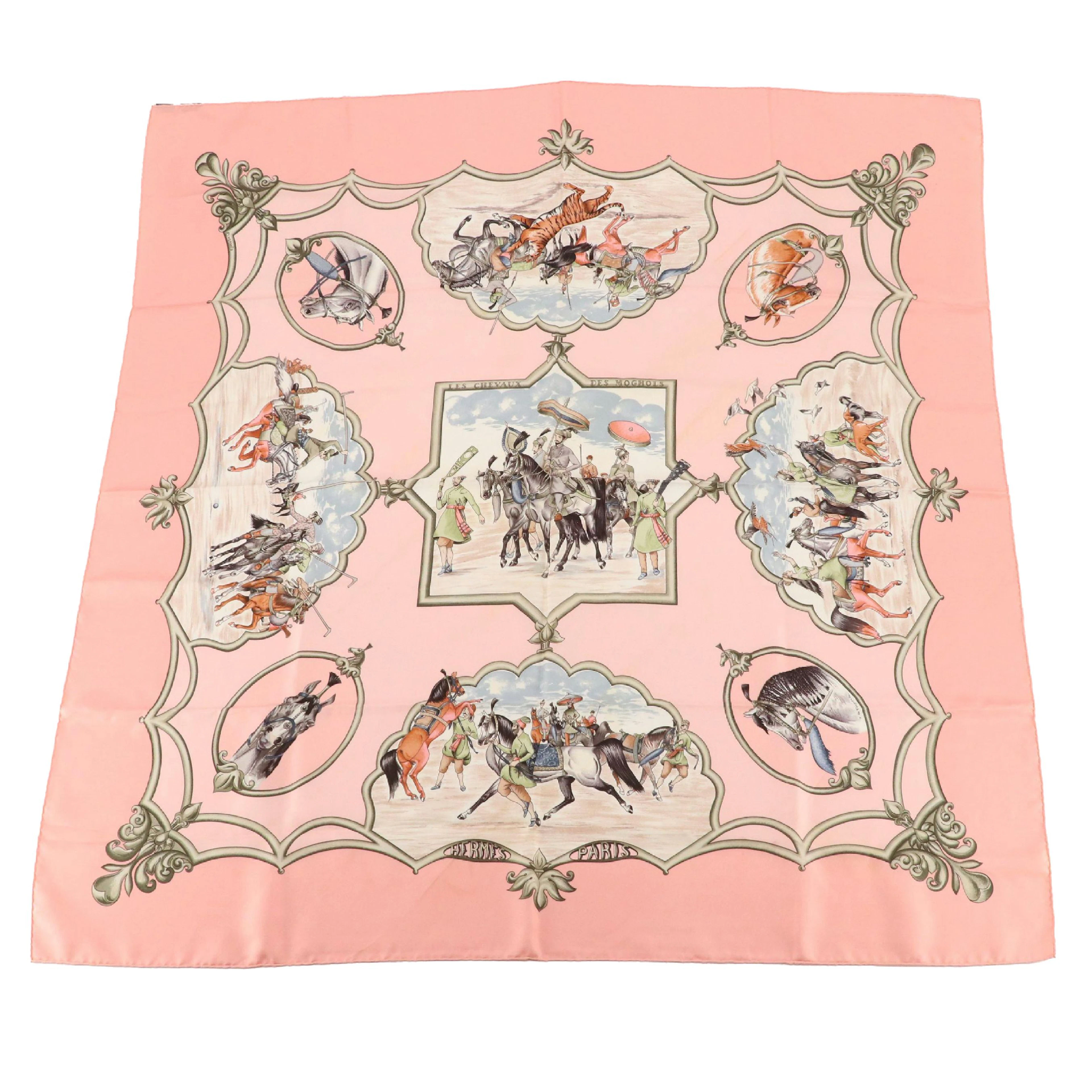 Hermès "Les Chevaux Des Moghols" Baby Pink Silk Twill Scarf 90