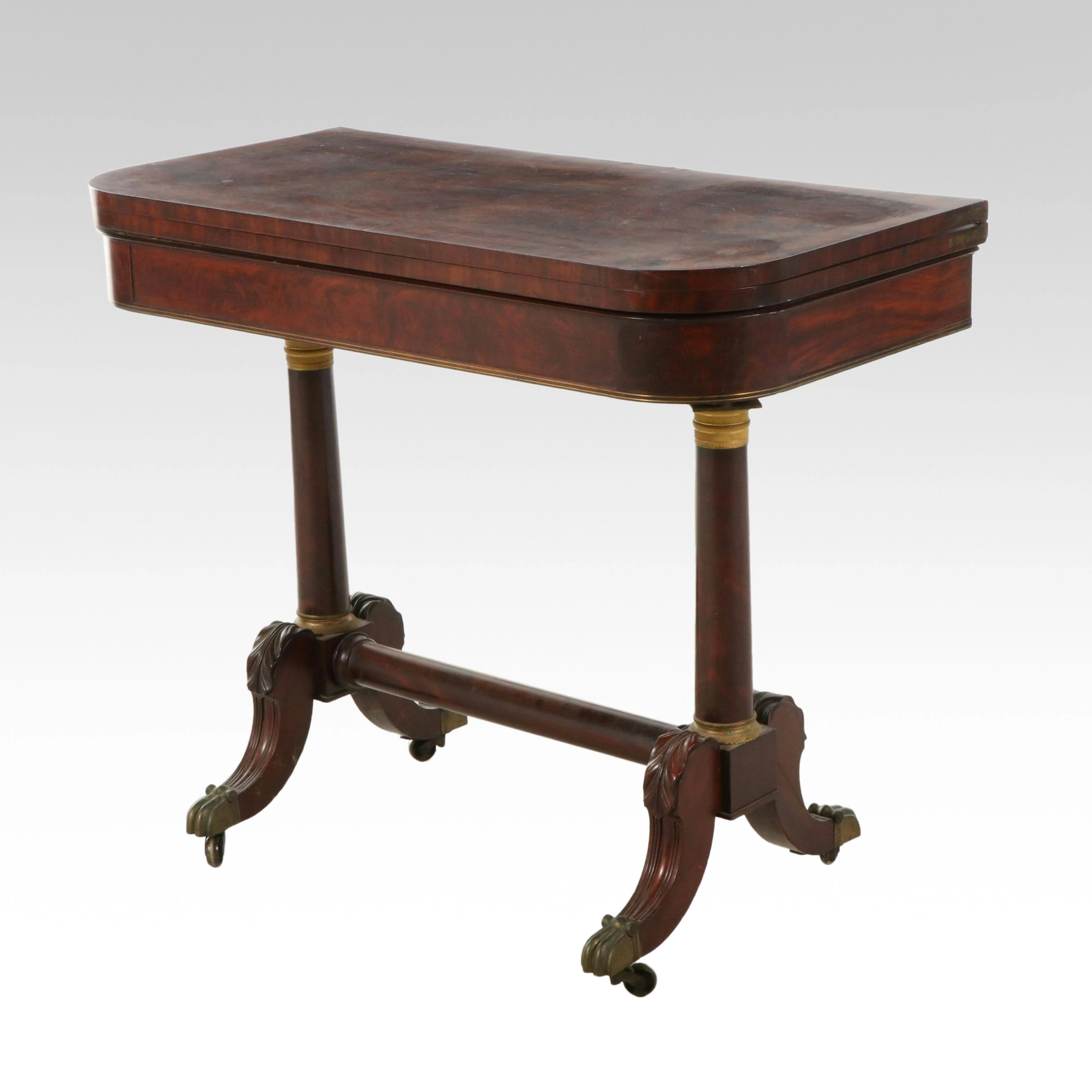 Classical Brass-Inlaid and Figured Mahogany Card Table, Manner of Duncan Phyfe