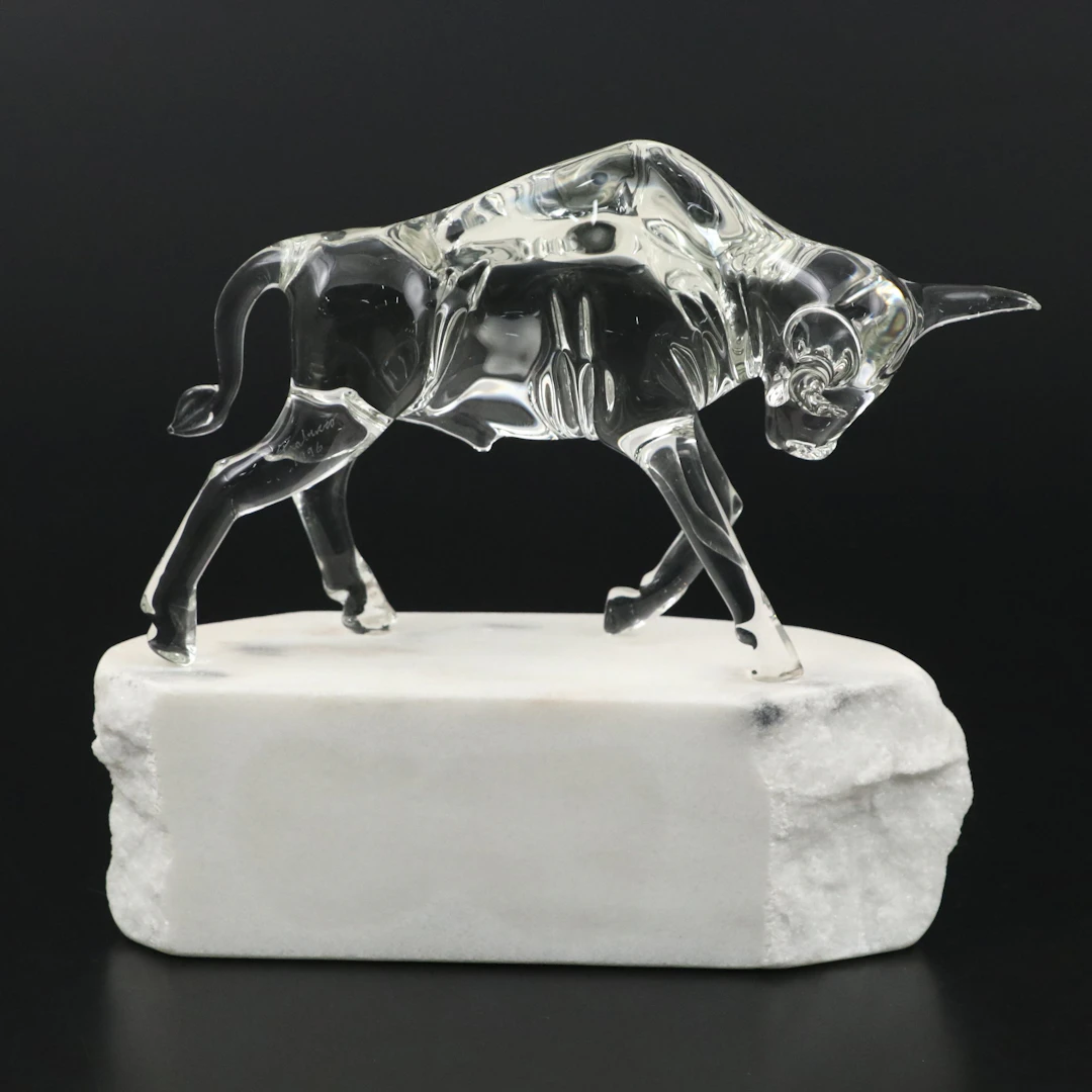 Signed Crystal Charging Bull Figure on Alabaster Base, 1996