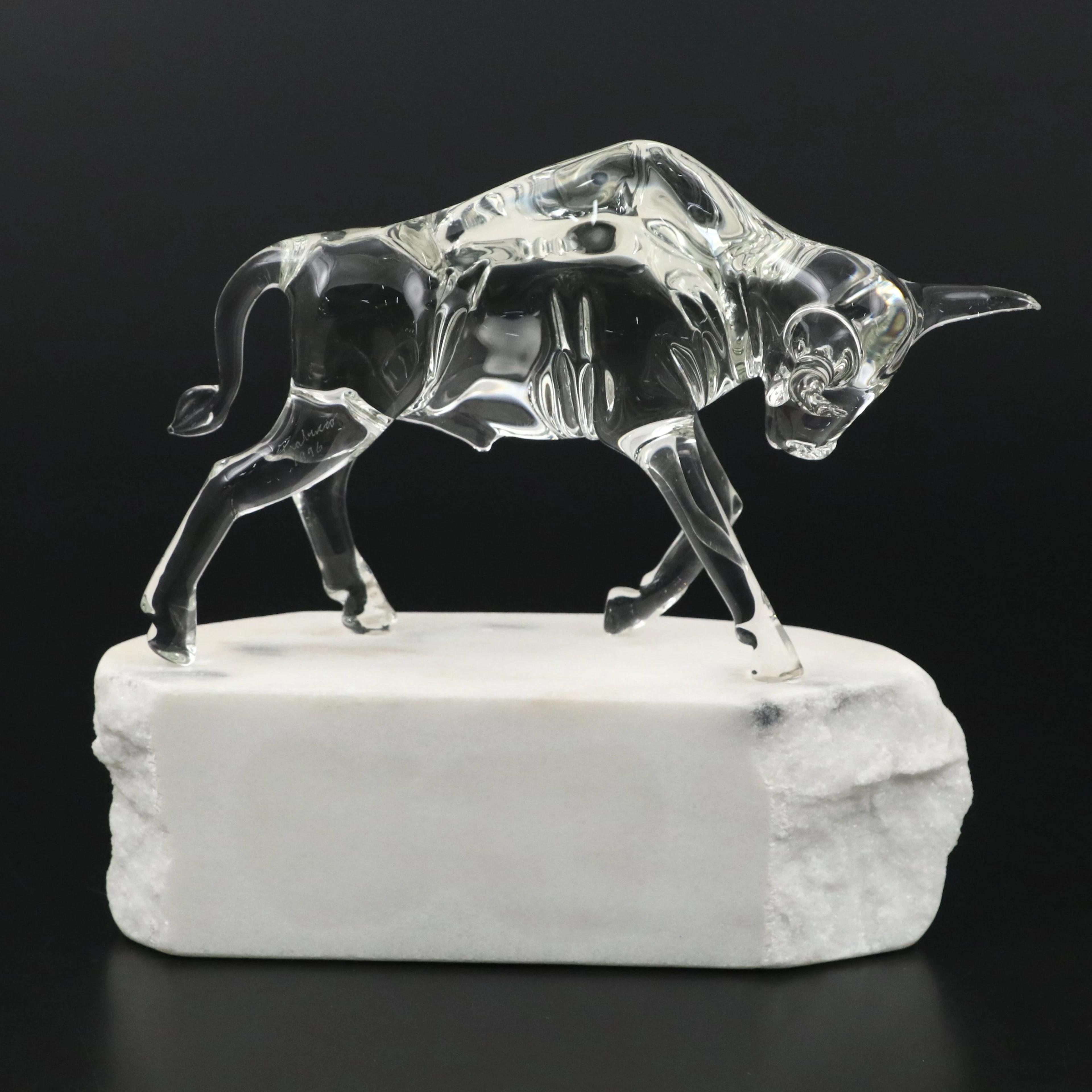 Signed Crystal Charging Bull Figure on Alabaster Base, 1996