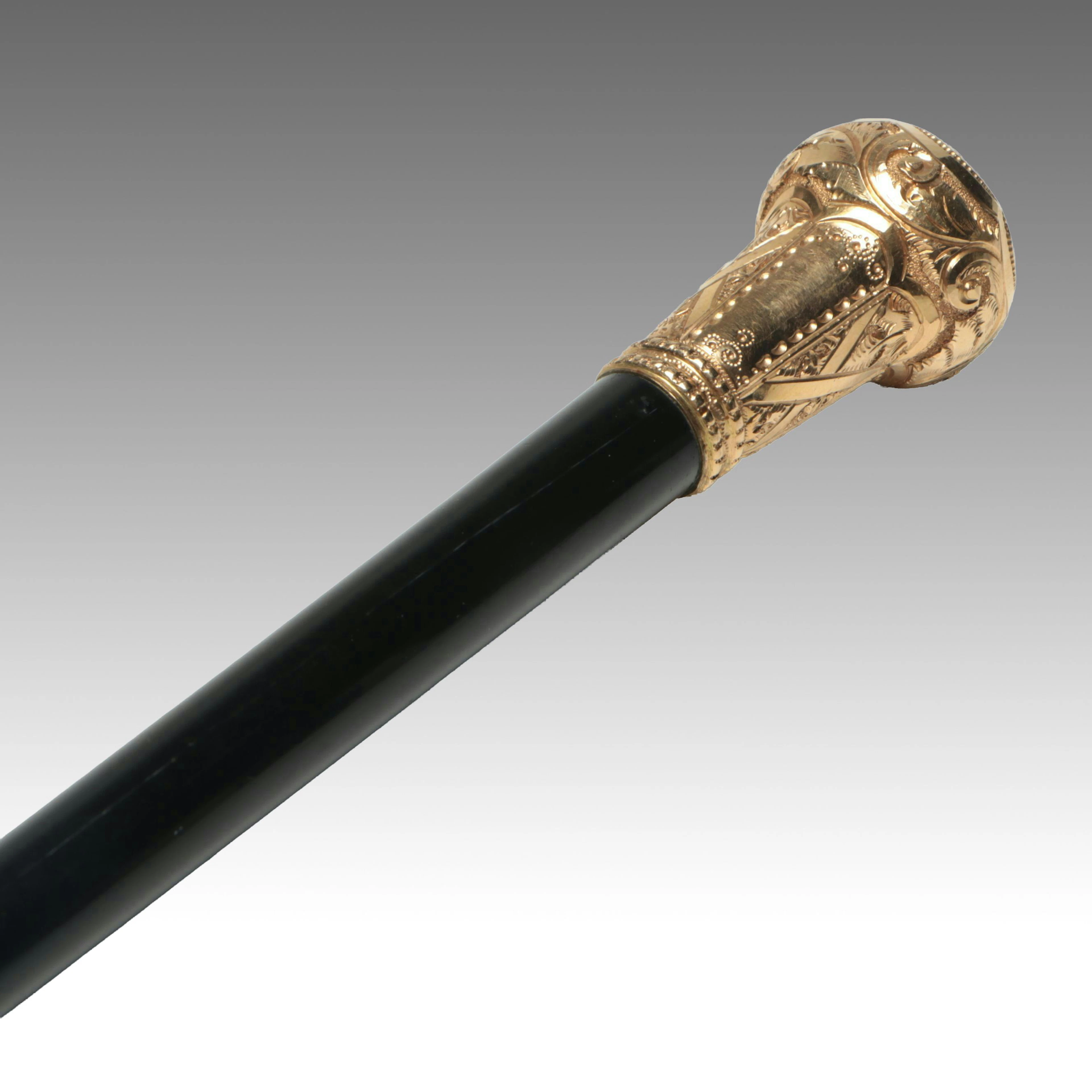 Lyon Maker Gold Plate Ornate Knob Wooden Cane, Late 19th/Early 20th C.