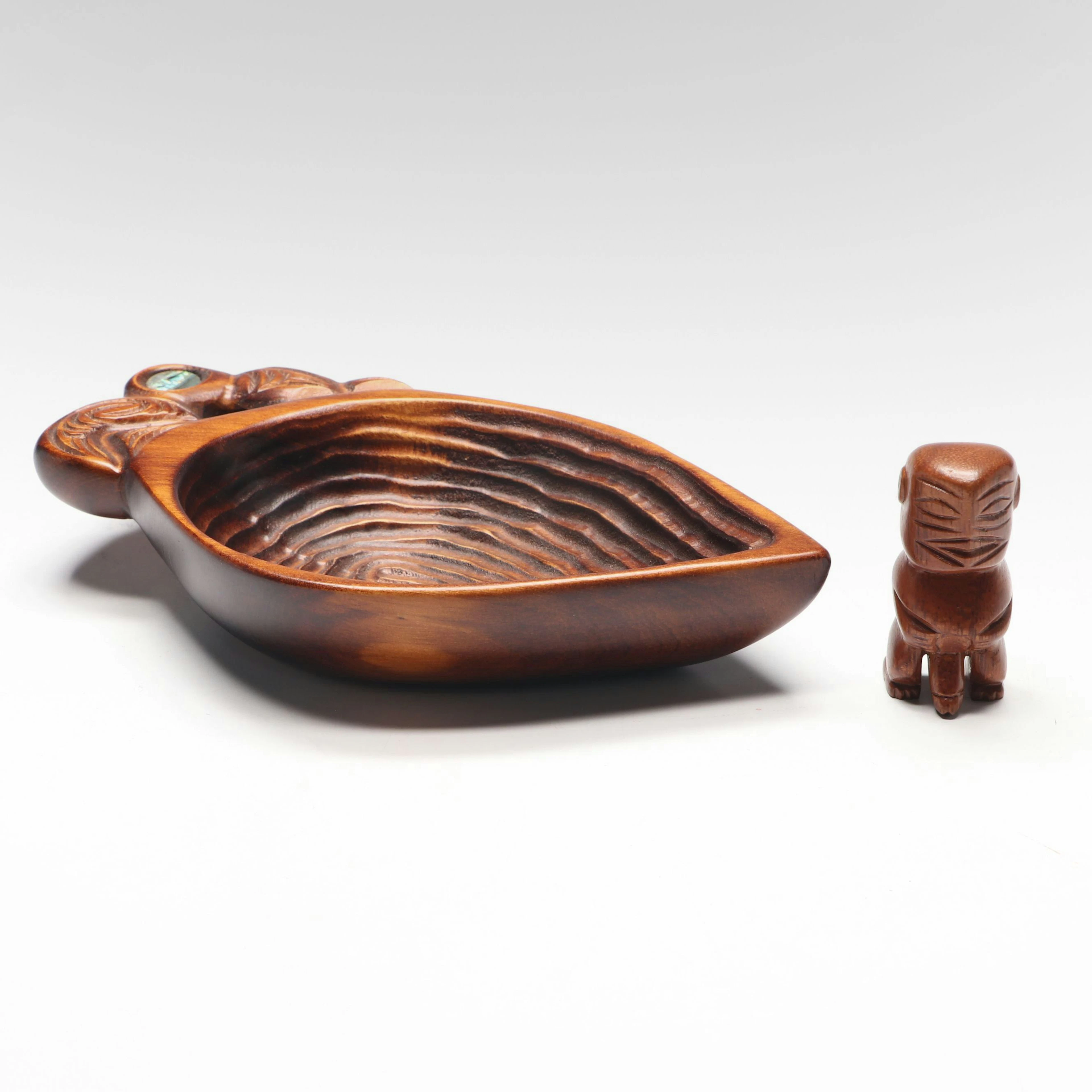 Kauri Timber Carved Bowl and Tangaroa Wooden Figurine
