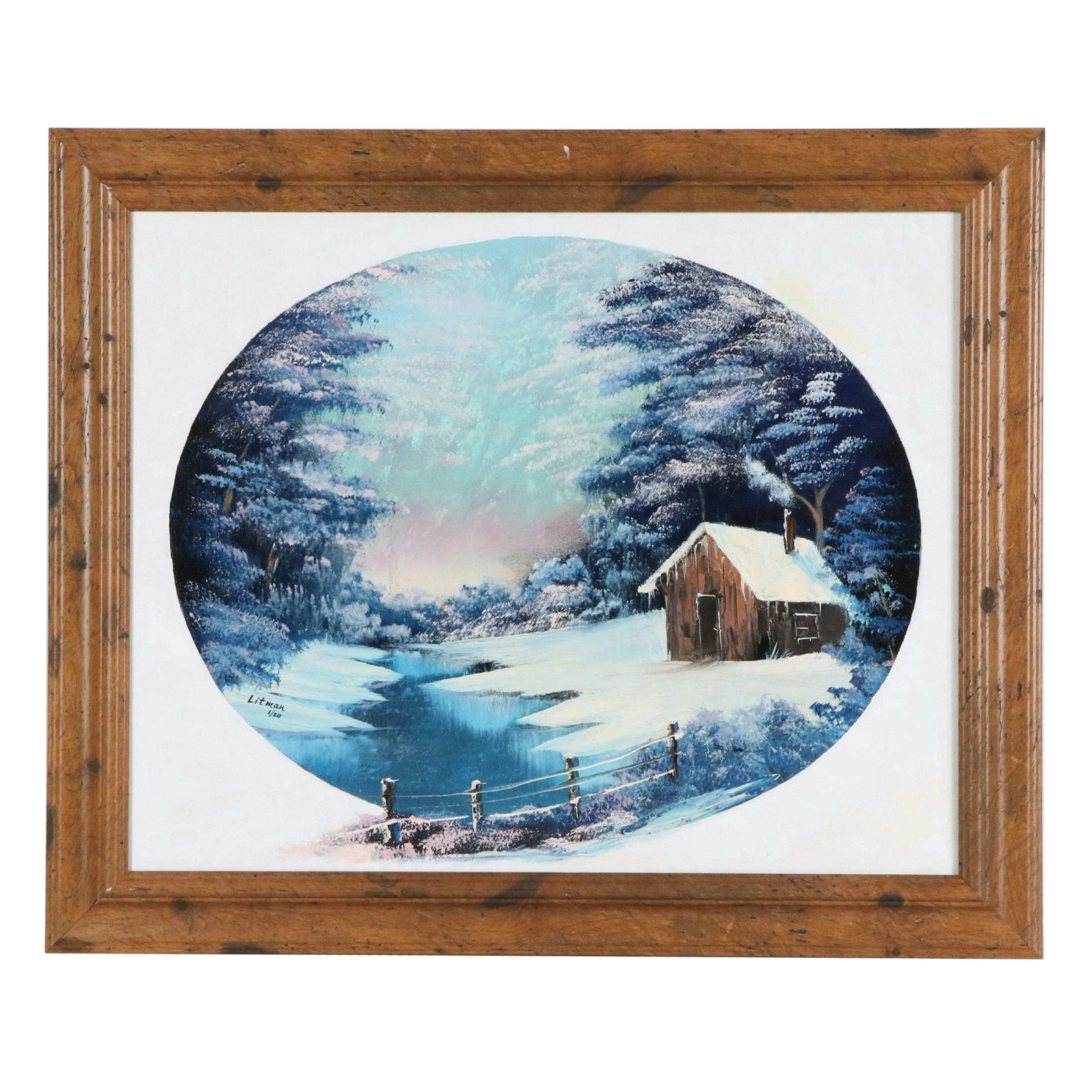 Winter Landscape Oil Painting After Bob Ross "Cabin in the Hollow,"