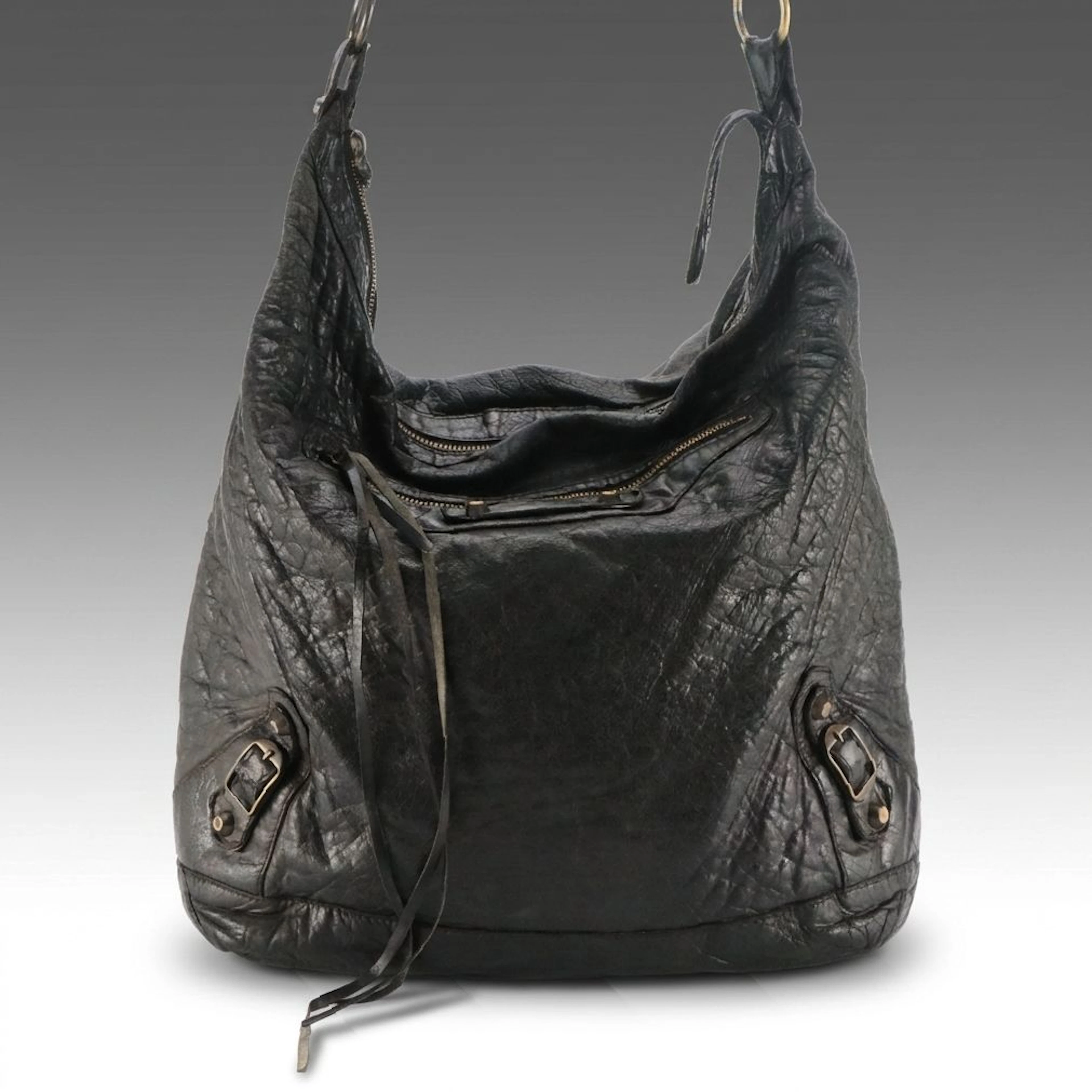 Balenciaga Motocross Classic Day Hobo Bag in Black Lambskin Leather