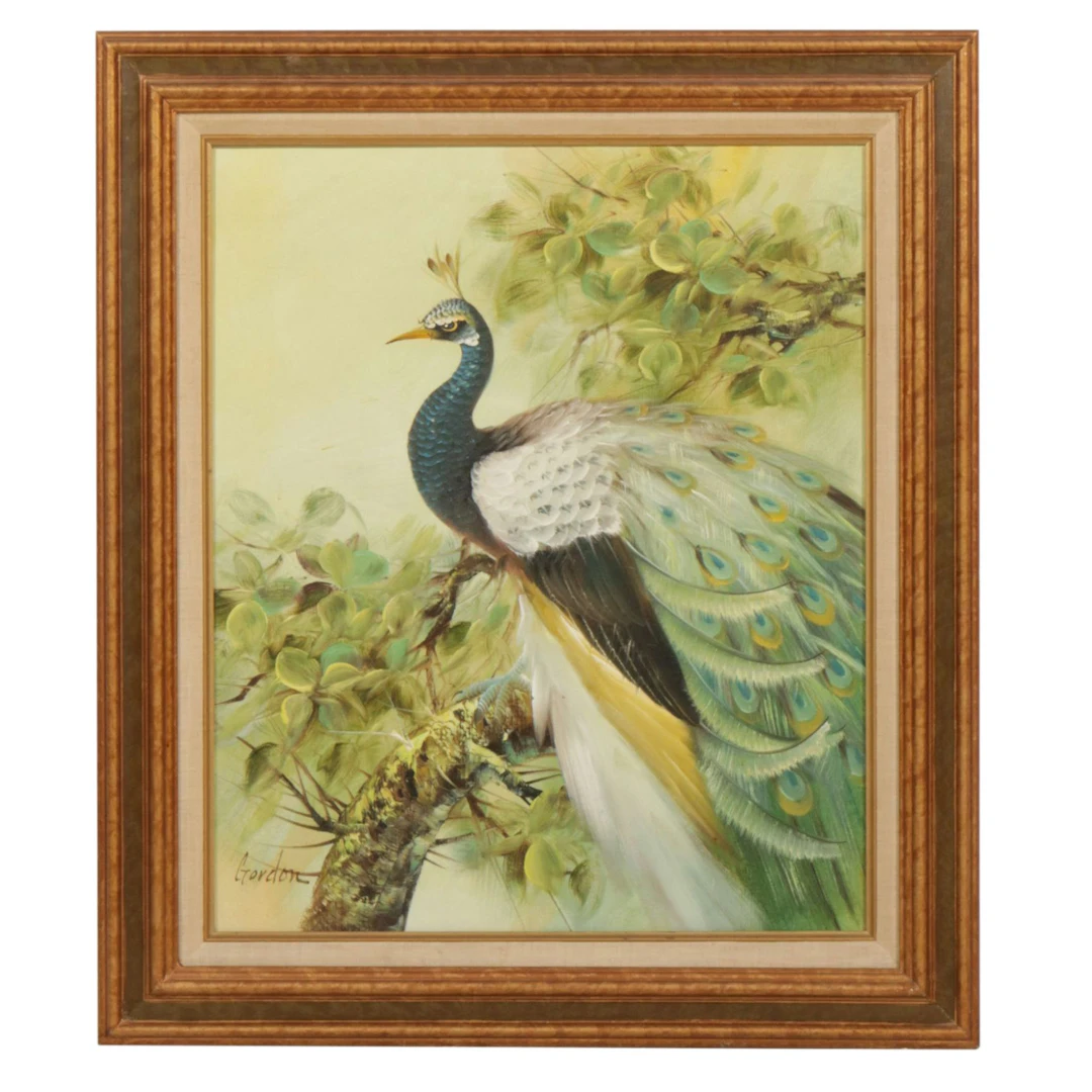 Gordon Oil Painting of Peacock Perched in Tree Branches, Mid-Late 20th C.