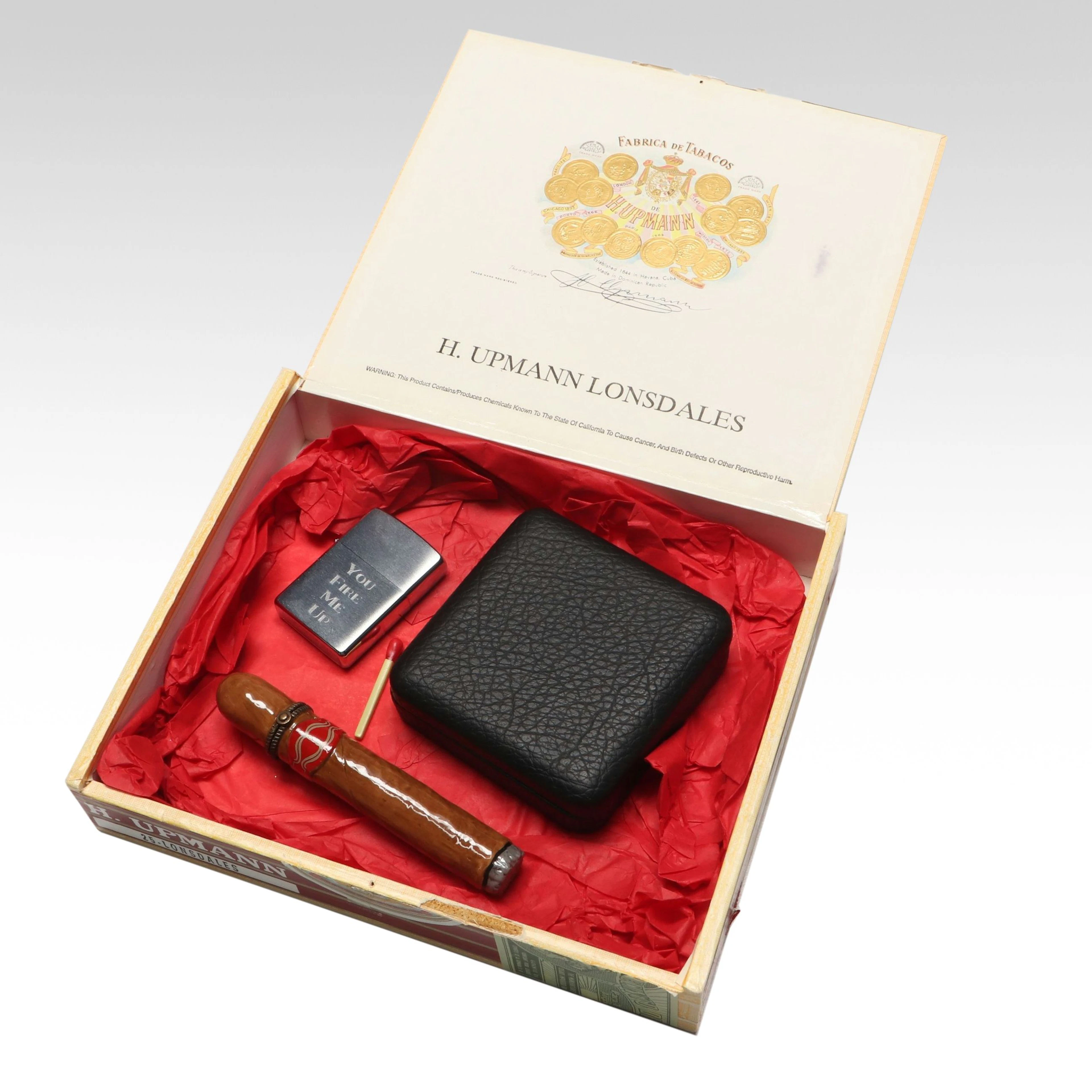 Zippo and Prometheus Lighters with Cigar Porcelain Limoges Box and Cigar Box