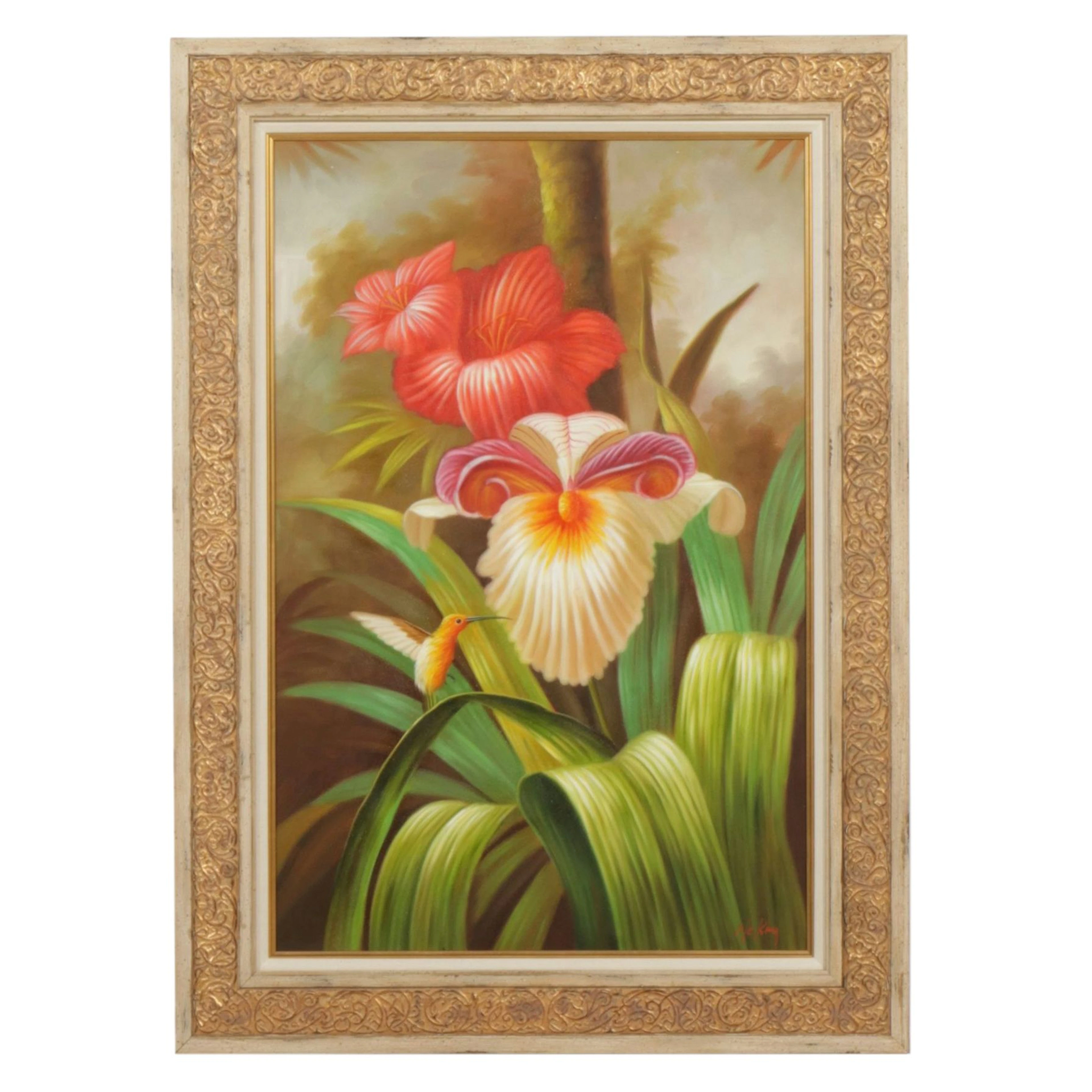 McKay Oil Painting of Hummingbird and Lush Tropical Flowers
