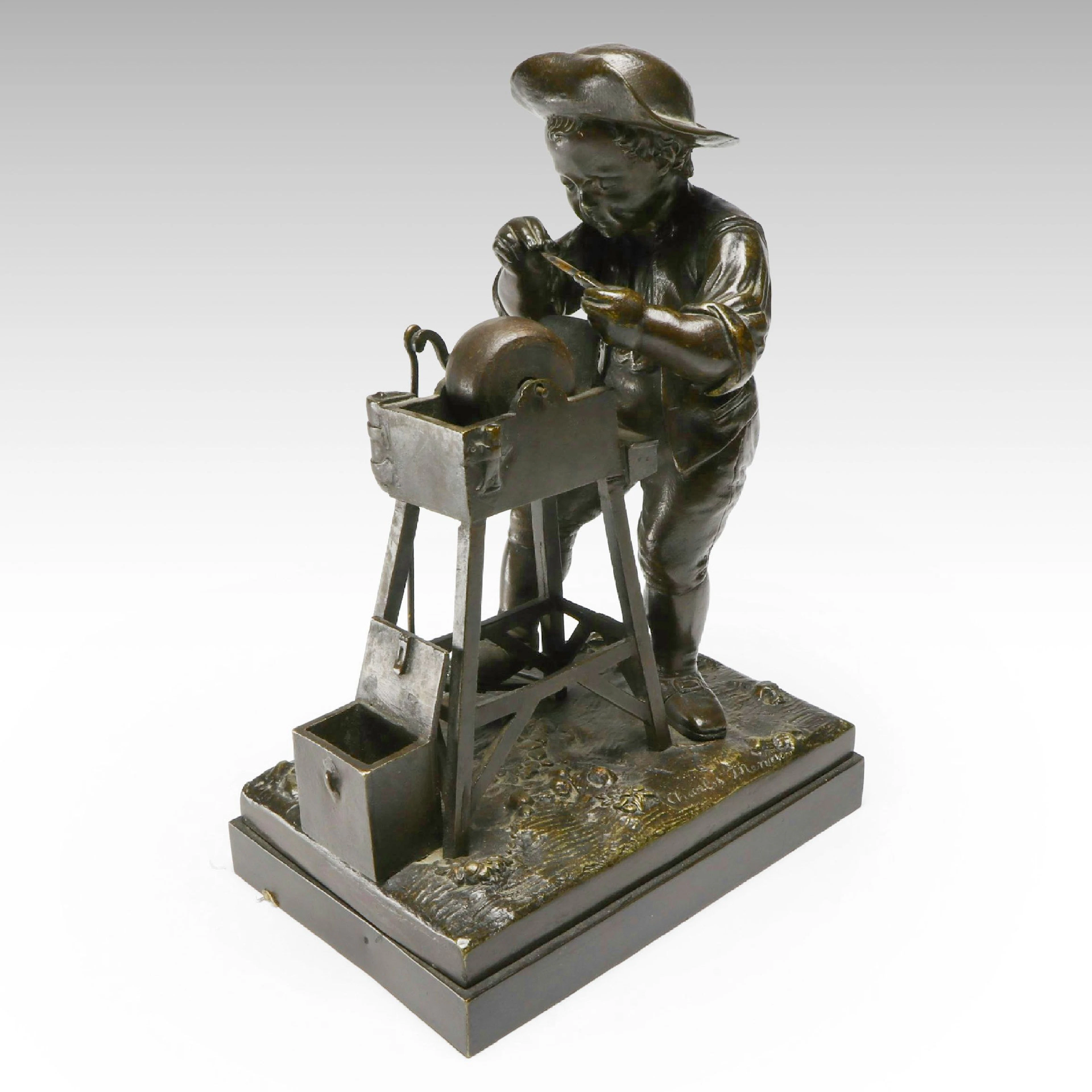 After Charles Menne "Le Petit Moulin" Patinated Brass Figurine