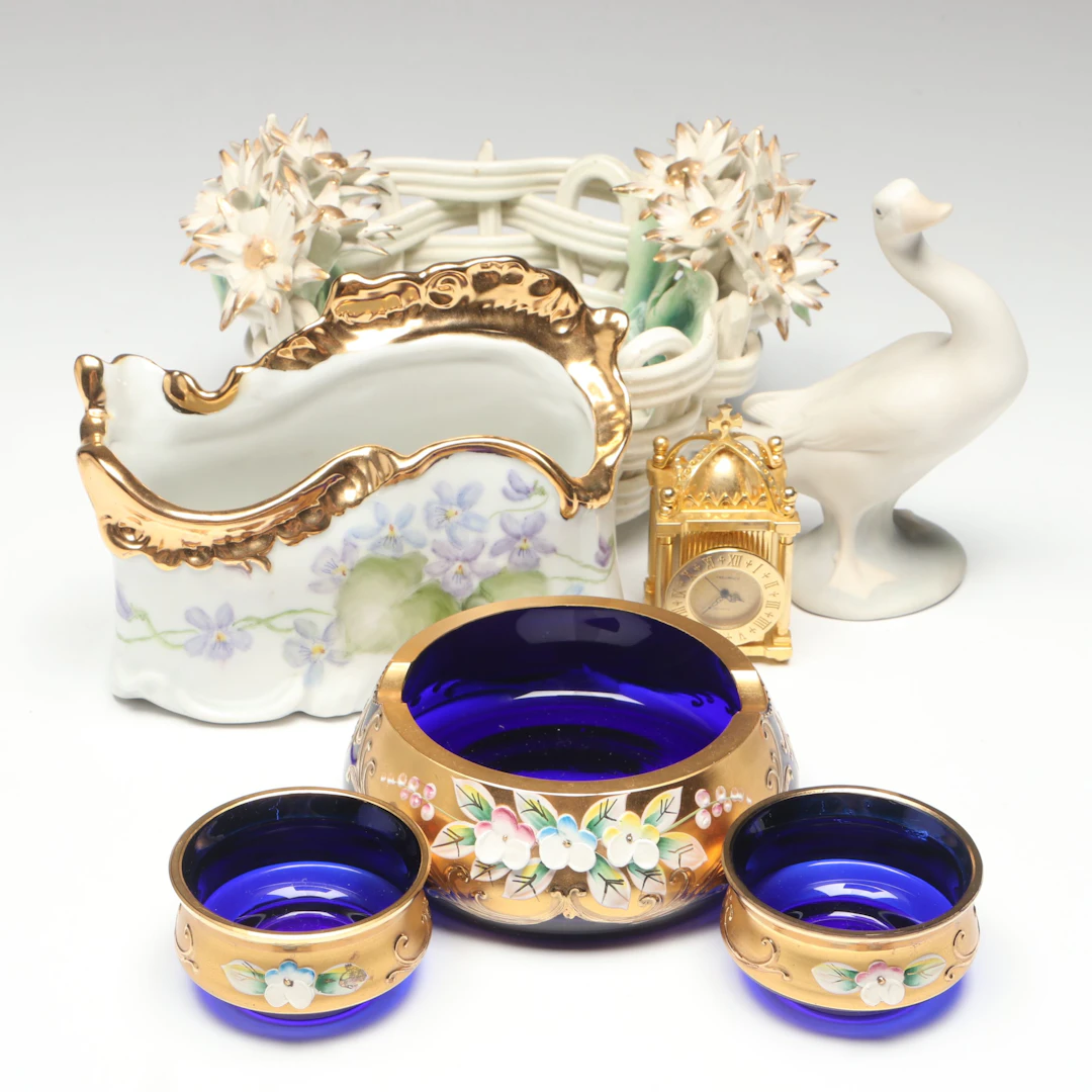 Bohemian Style Cobalt Glass and Gilt Bowls, with Other Porcelain and Ceramics