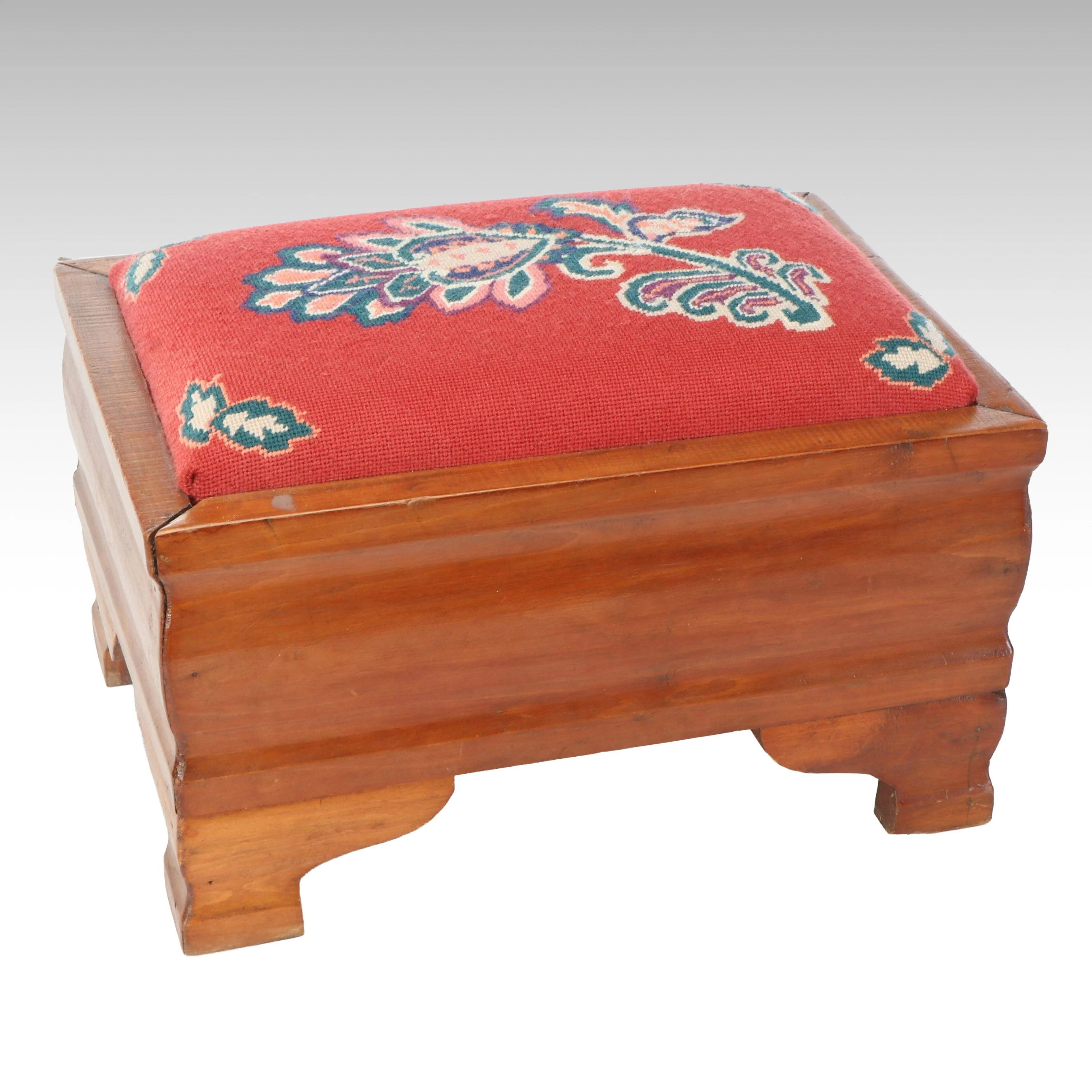 Vintage Needlepoint Upholstered Wooden Footstool, Mid to Late 20th Century