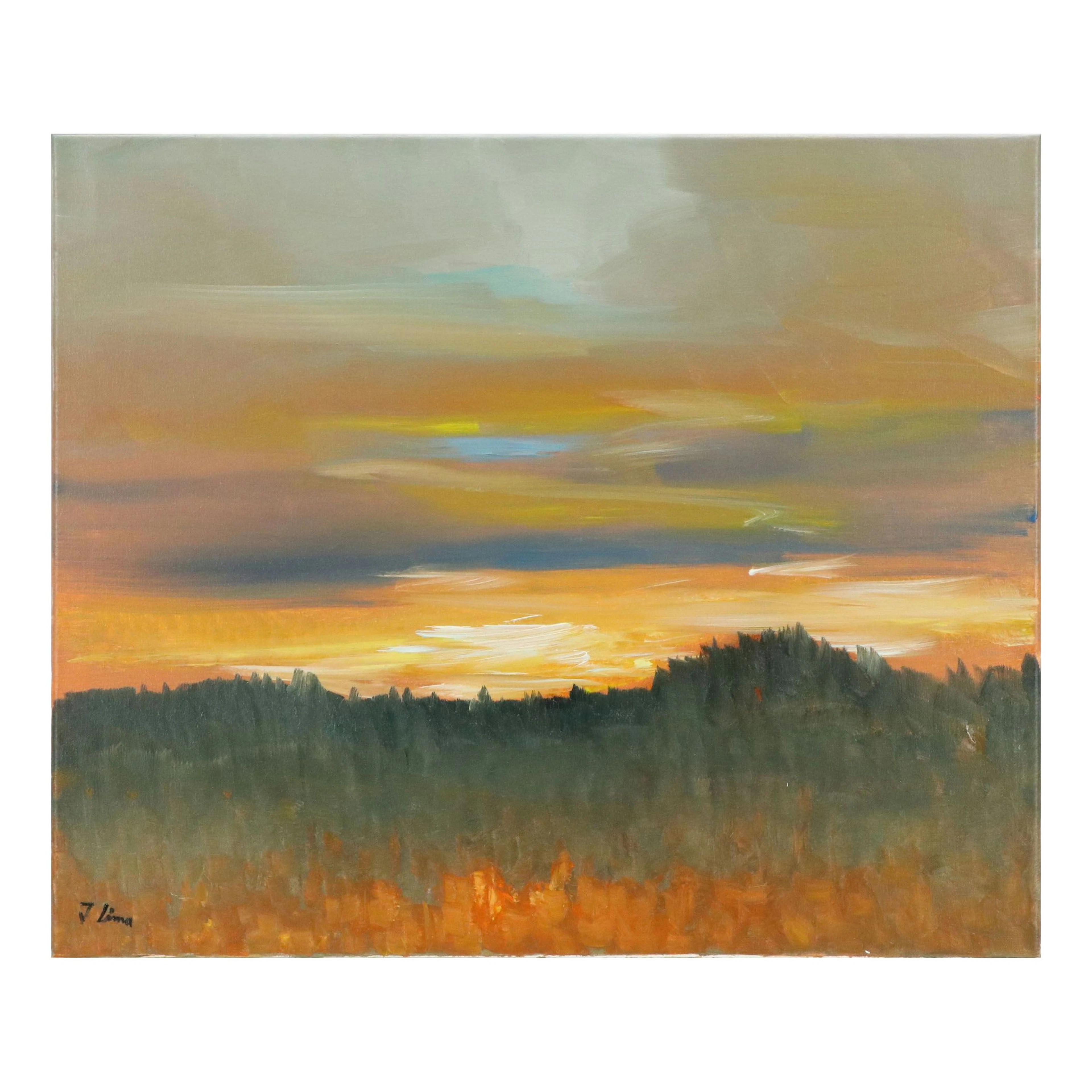 José M. Lima Landscape Oil Painting of Sunset Over Forest, 2026