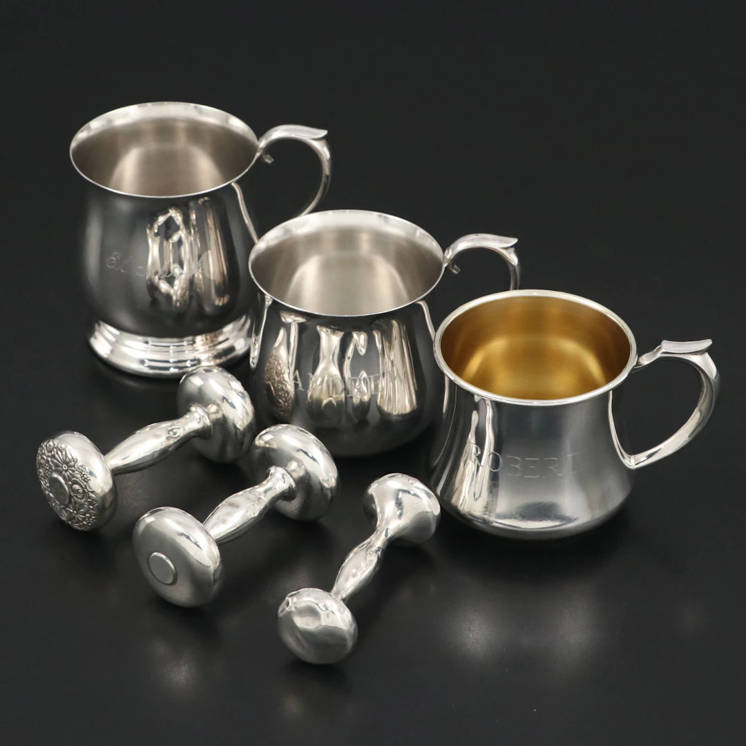 Towle and Lullaby Sterling Silver Rattles with Silver Plated Baby Cups, 1970s