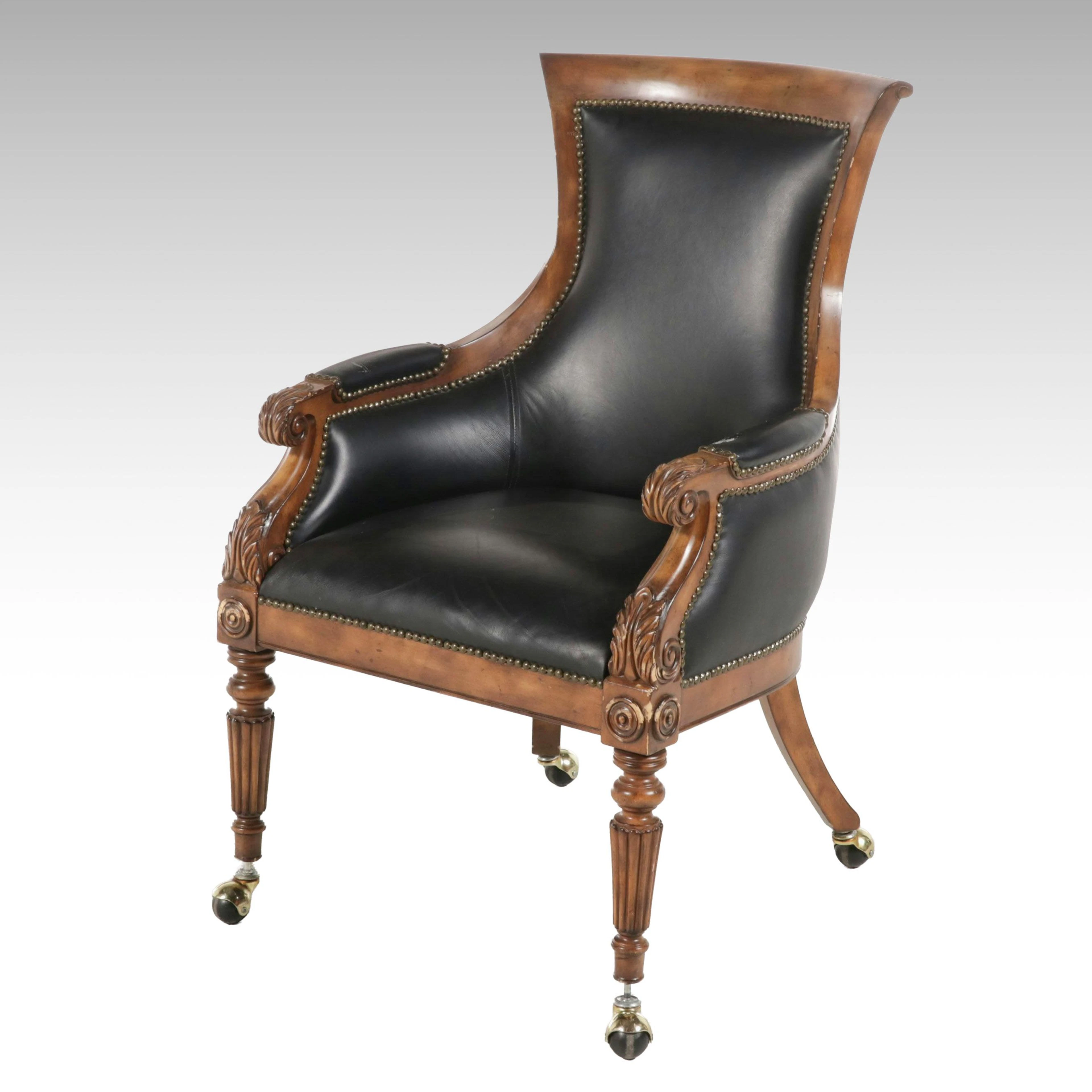 Empire Style Leather and Carved Wood Armchair with Brass Casters, 21st Century