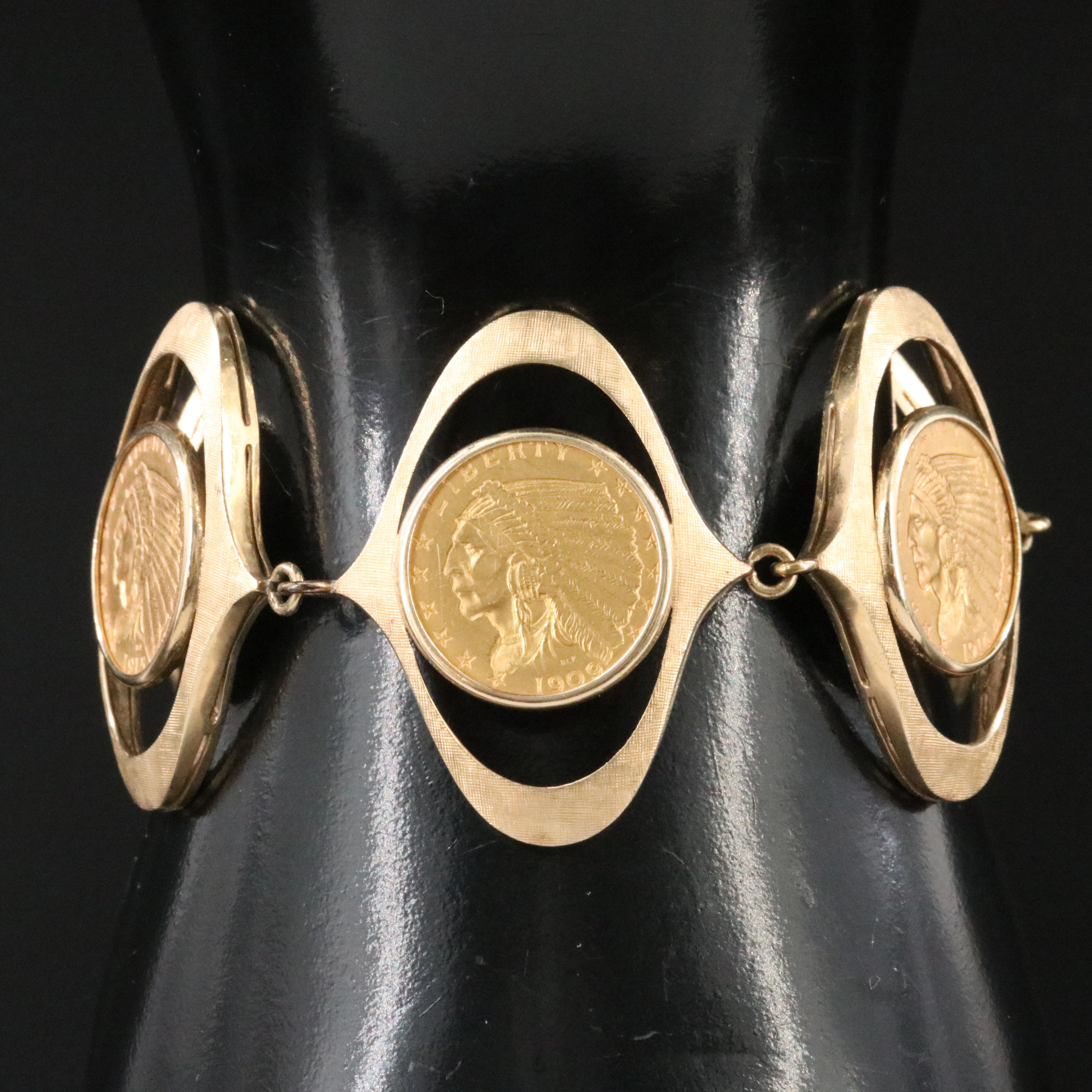 14K Bracelet with 1909, 1914, and 1915 Indian Head Gold Quarter Eagle Coins