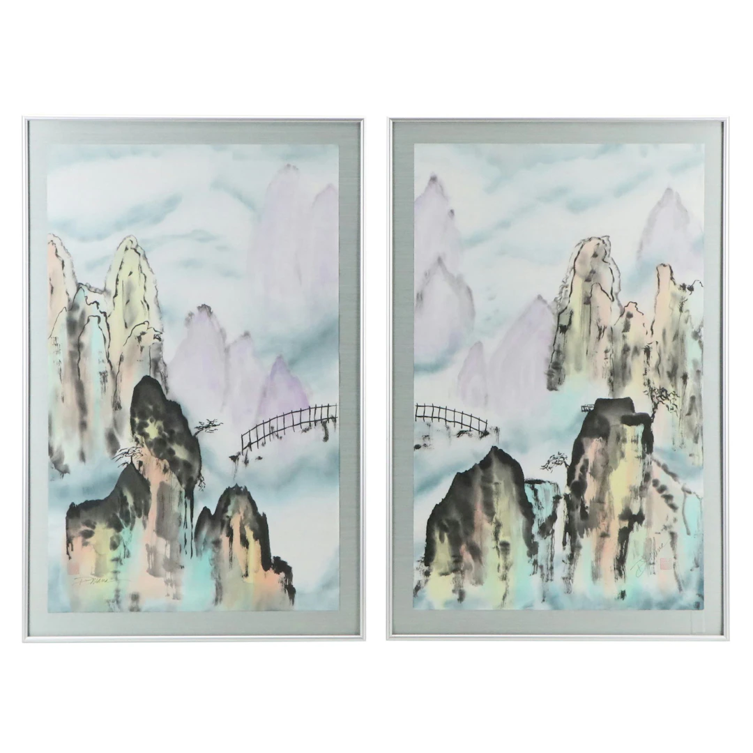 Diana Marra Pendant Ink and Watercolor Landscape Diptytch "Sea of Clouds"