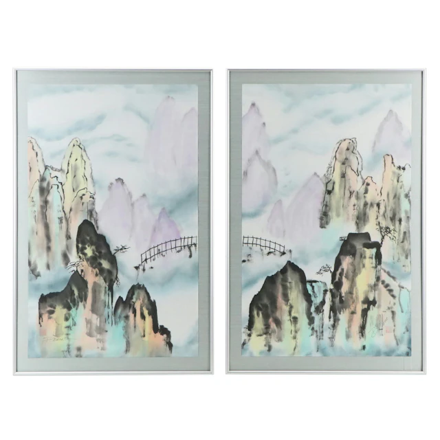 Diana Marra Pendant Ink and Watercolor Landscape Diptytch "Sea of Clouds"