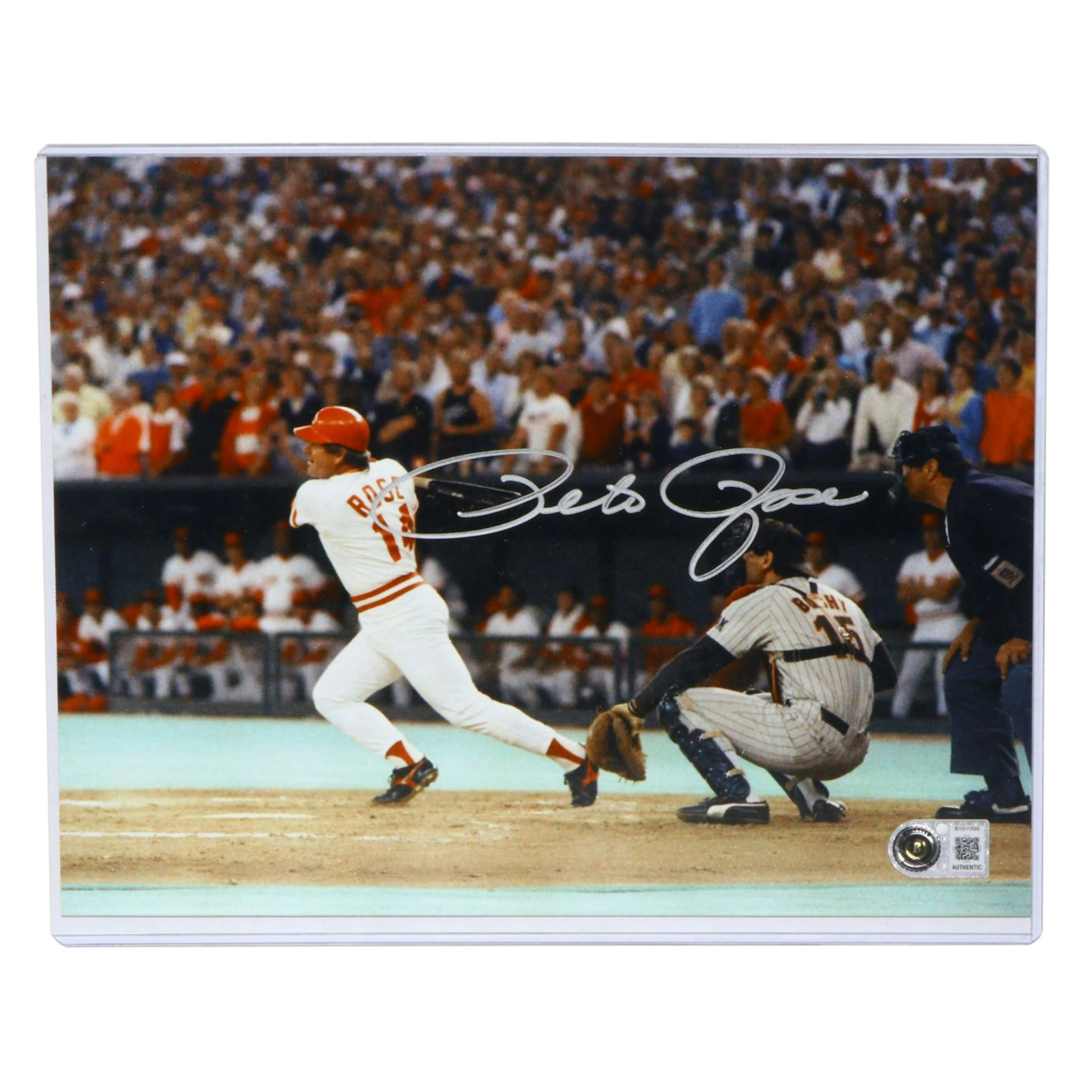 Pete Rose Signed Cincinnati Reds Baseball Print, Beckett