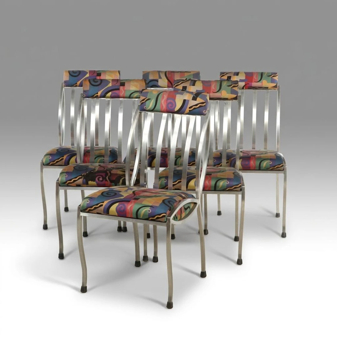 Set of Six Minison Corporation Postmodernist Upholstered Metal Dining Chairs