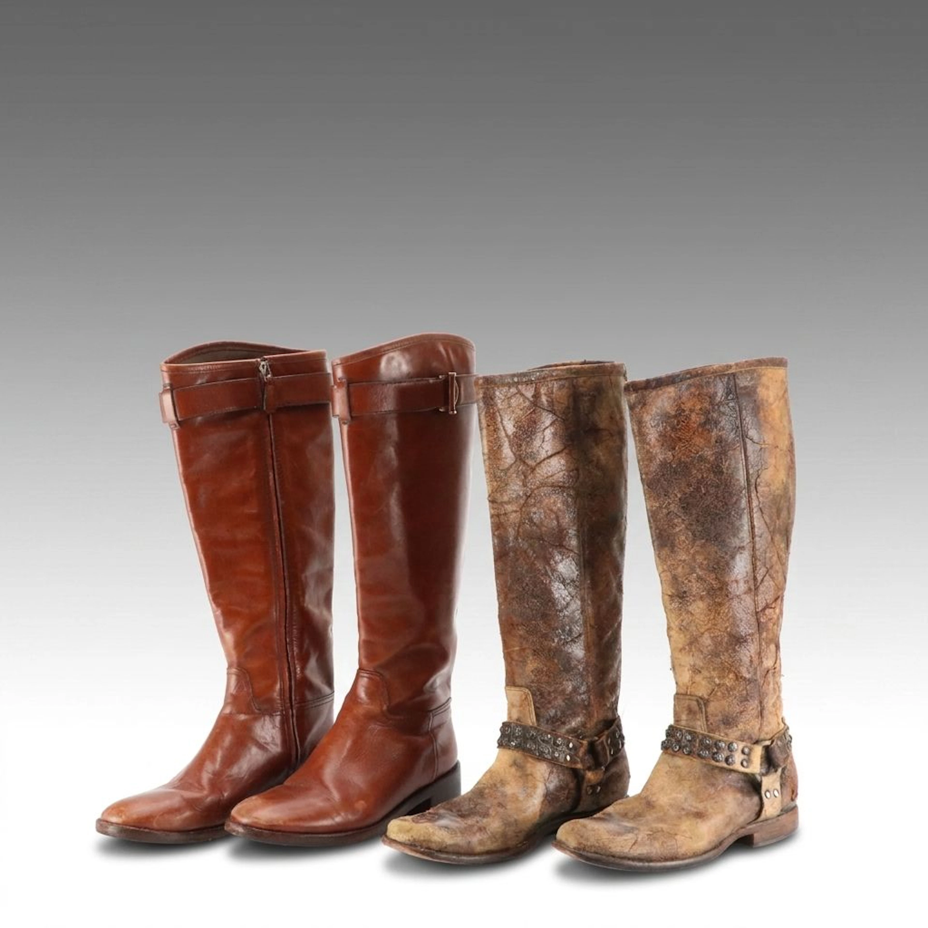 Tory Burch Grace Riding Boots and Frye Phillip Tall Boots in Distressed Leather
