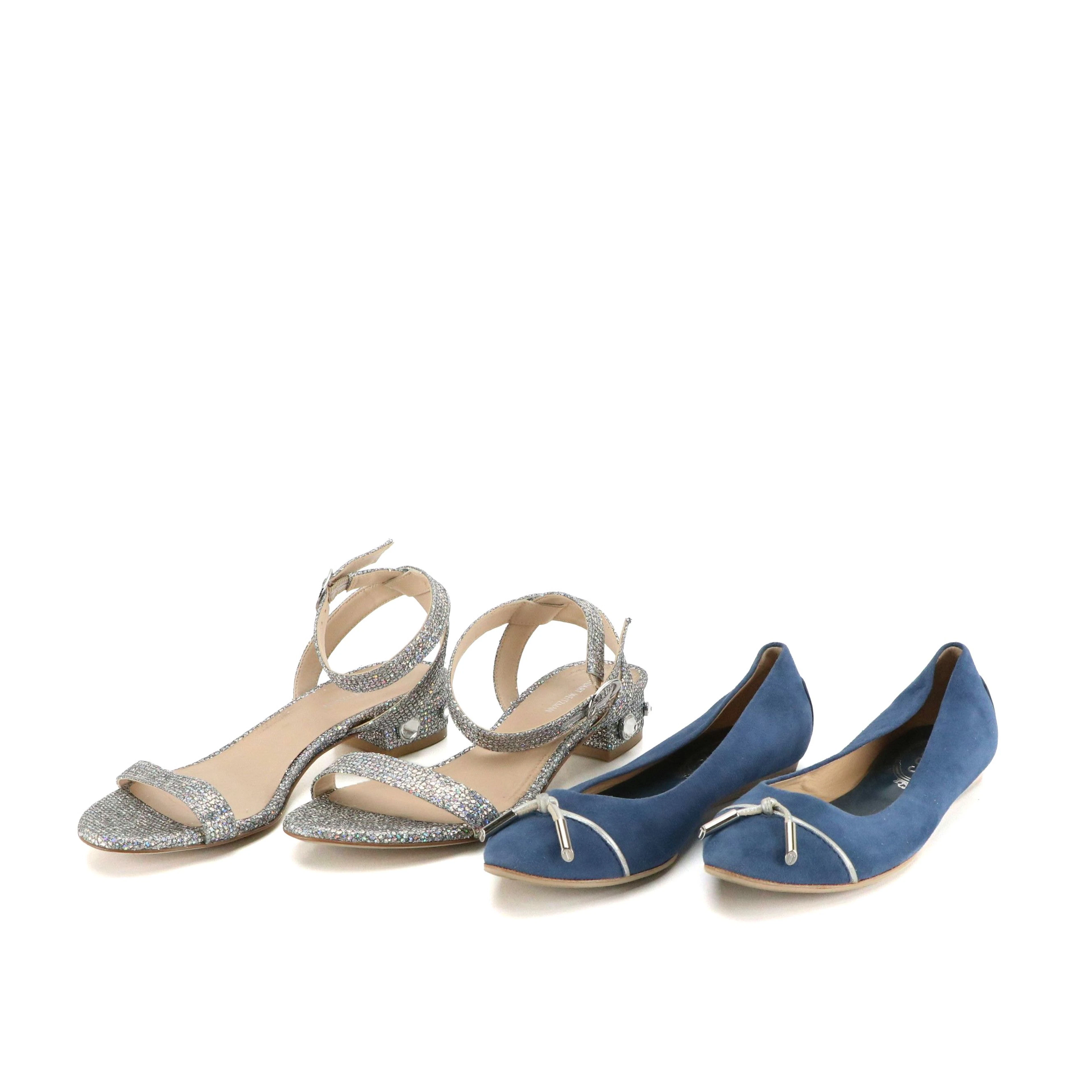 Stuart Weitzman Glittery Ankle Strap Sandals and Tod's Blue Suede Bow Flats
