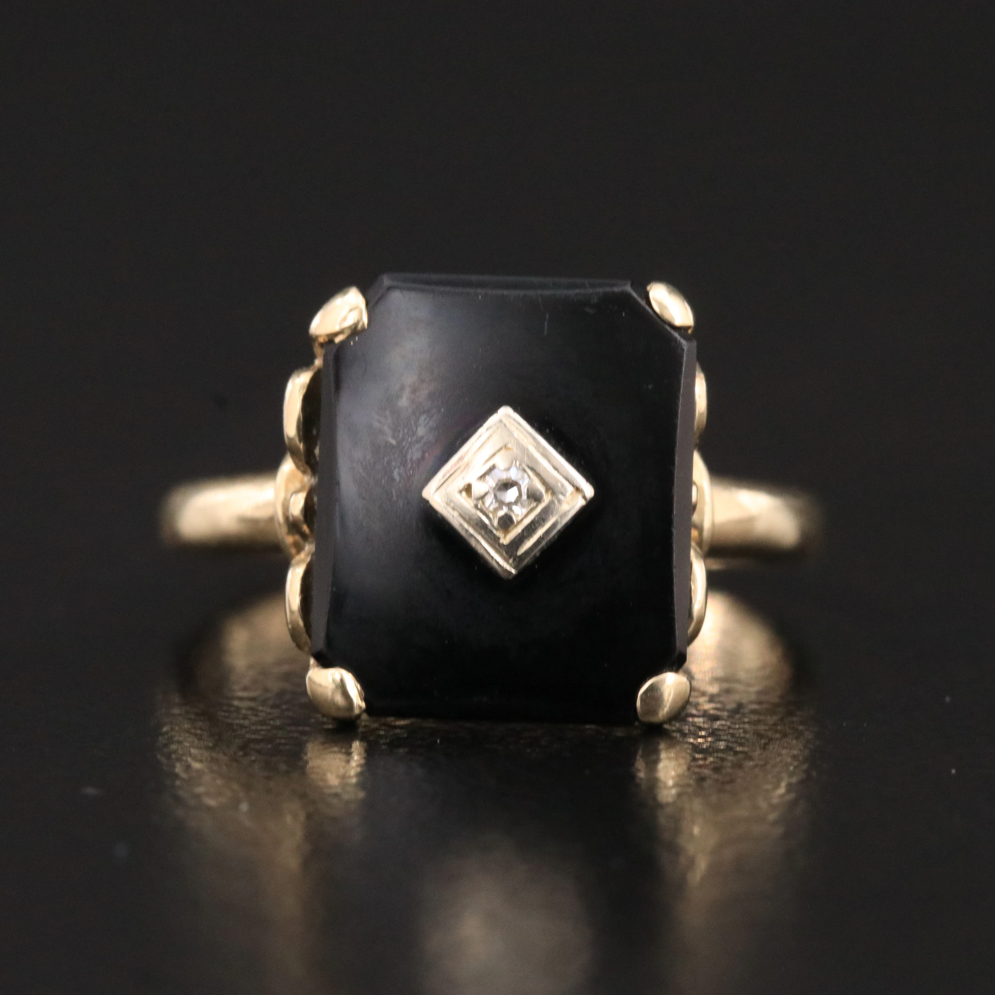 Art Deco 10K Black Onyx and Diamond Square Ring