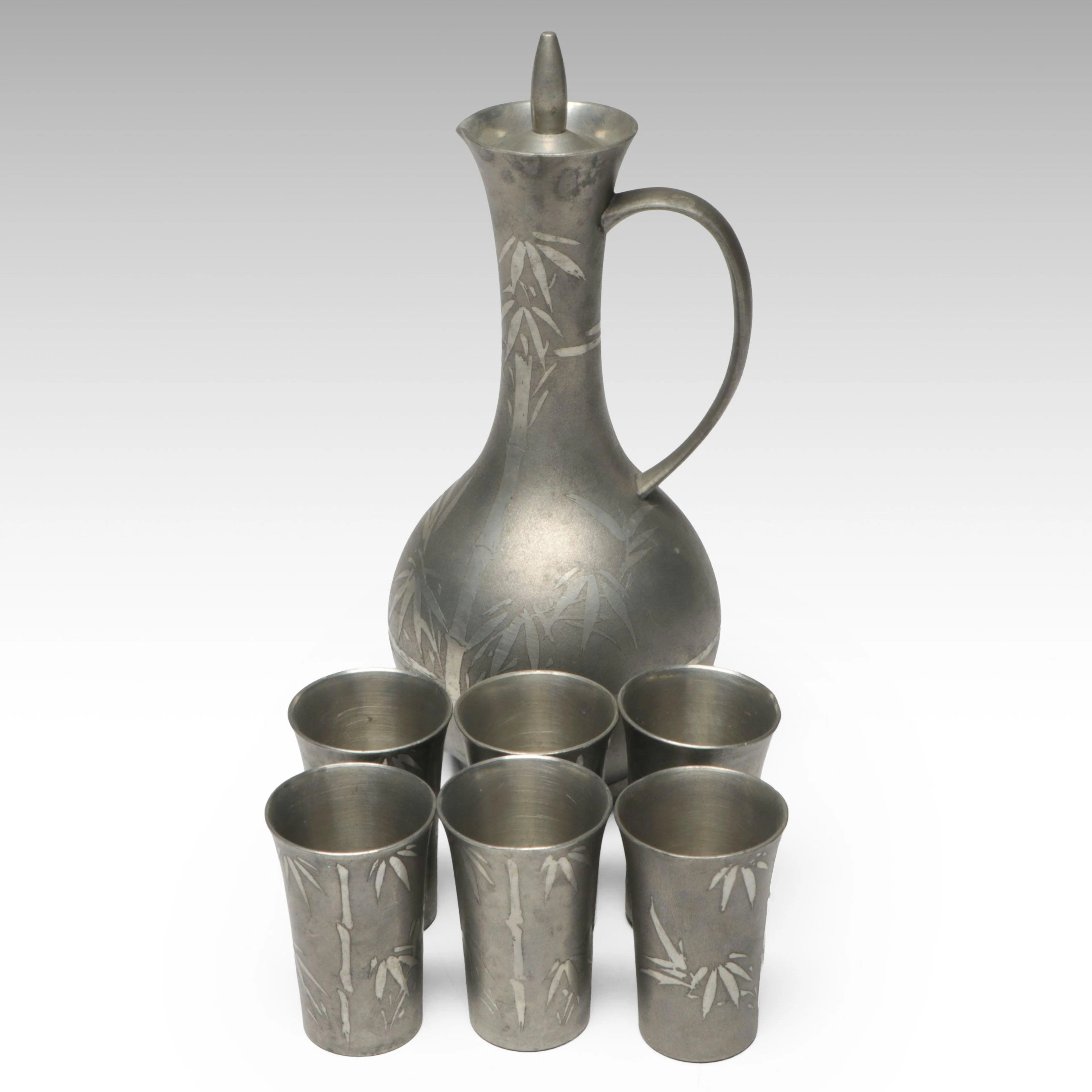 Japanese Bamboo Etched Pewter Sake Pitcher and Cups