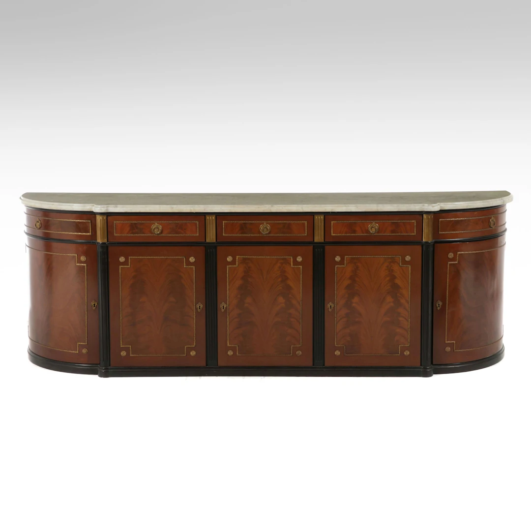 Regency Style Marble Top Figured Mahogany Sideboard, 20th Century