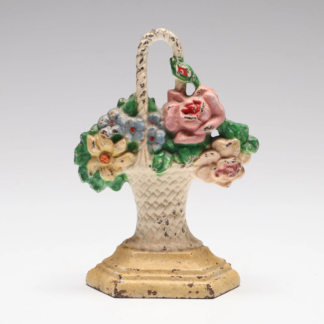 Painted Cast Iron Flower Basket Doorstop, Early to Mid-20th Century