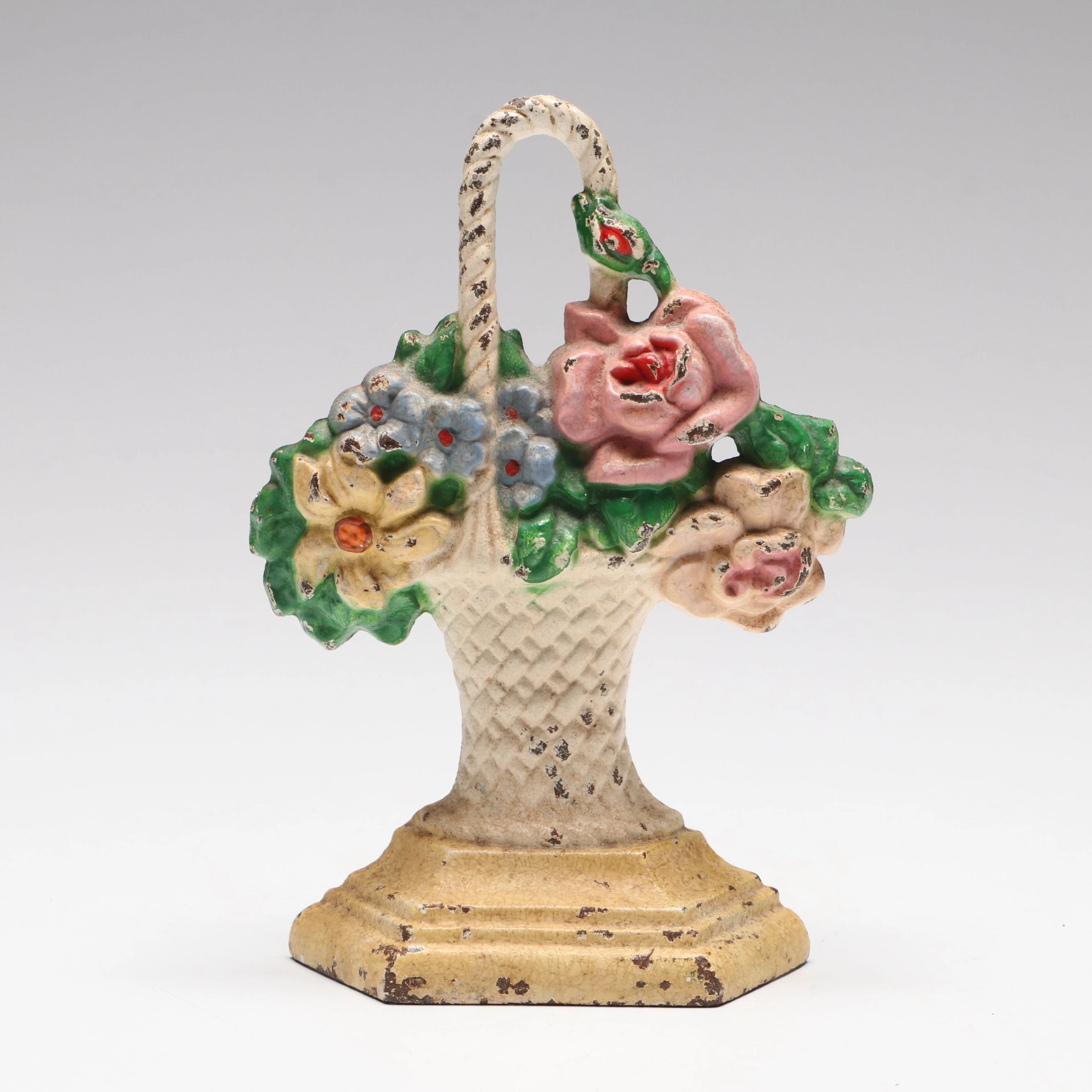 Painted Cast Iron Flower Basket Doorstop, Early to Mid-20th Century