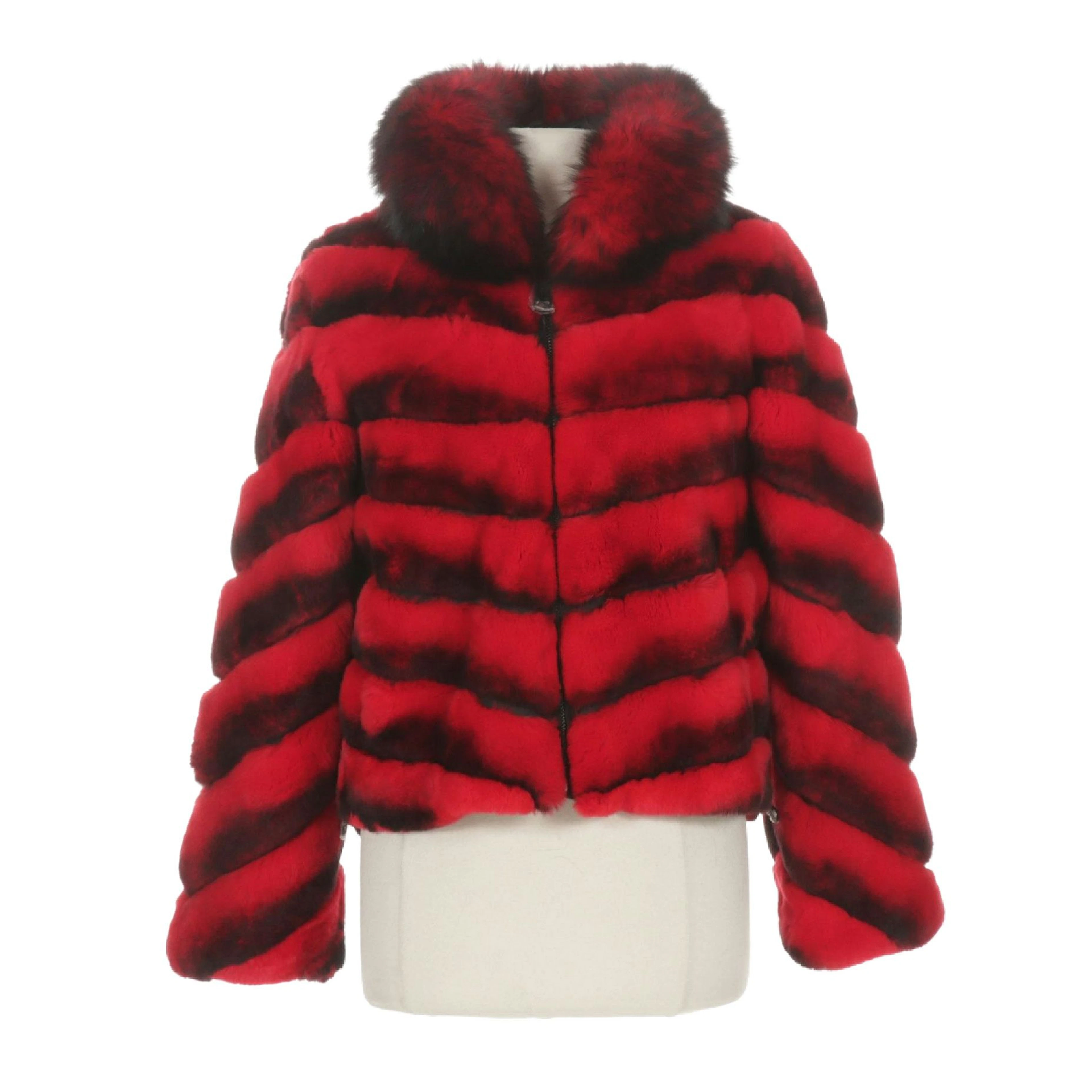 Red Chinchilla Dyed Rex Rabbit Fur Jacket with Fox Fur Trimmed Hood