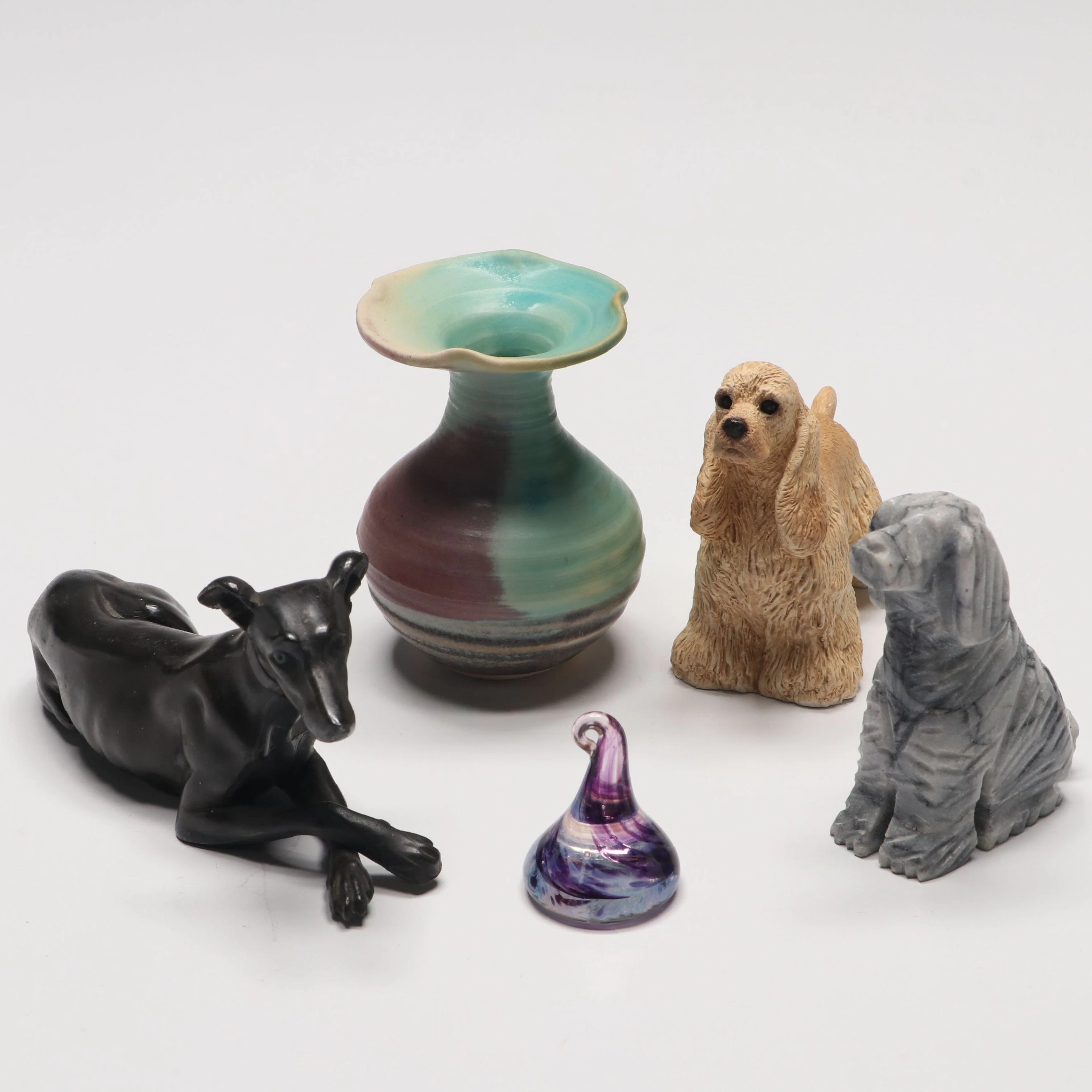 Art Pottery Ceramic Vase, Glass Paperweight with Dog Figurines