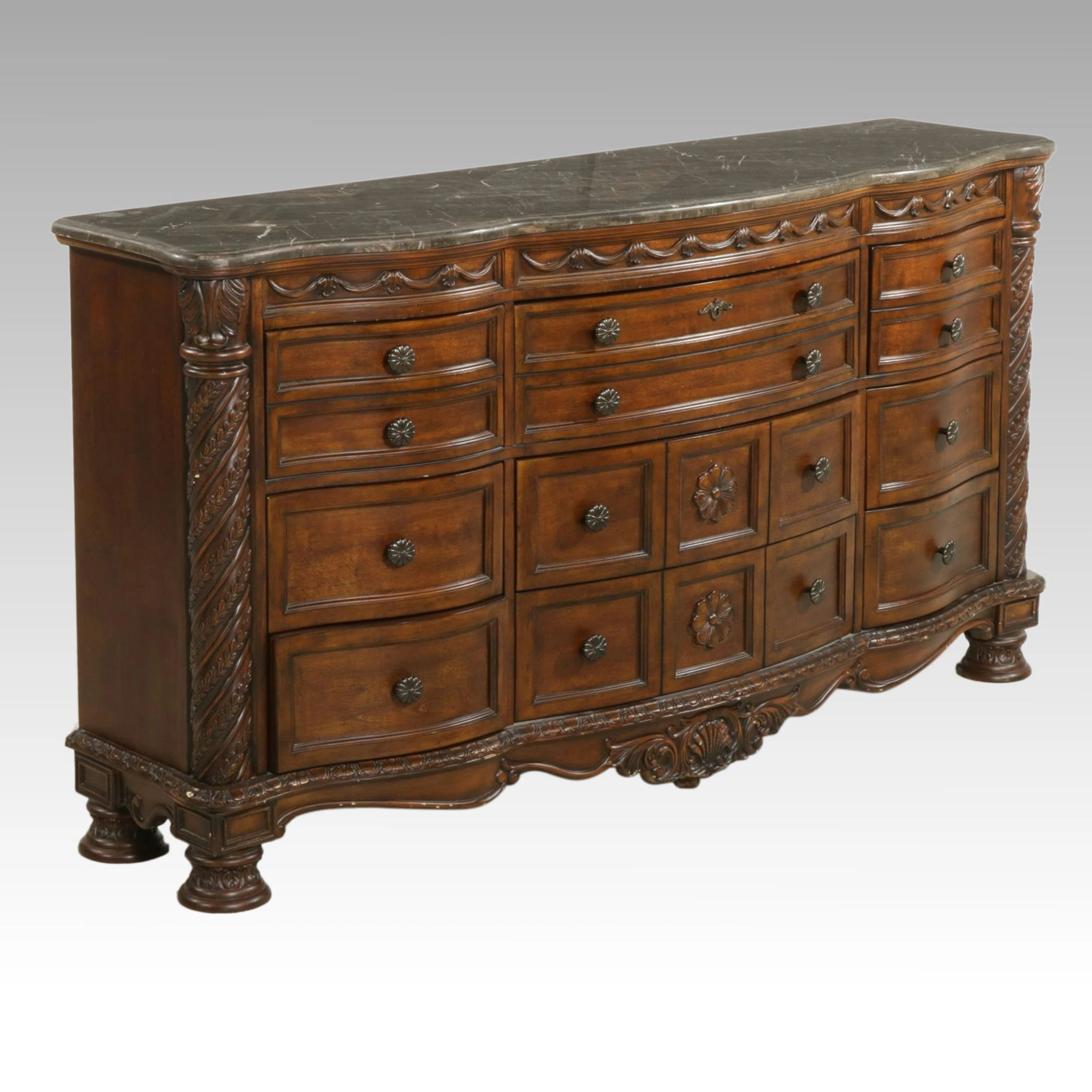 Ashley Furniture Neoclassical Wood Dresser with Tessellated Marble Top