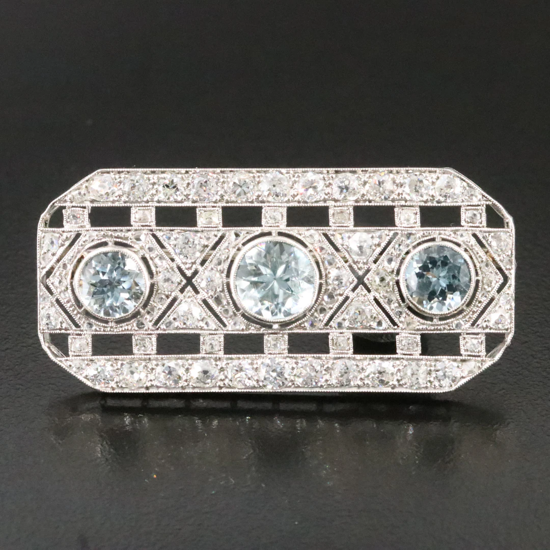 French Art Deco Platinum Aquamarine and 2.34 CTW Diamond Rectangular Brooch