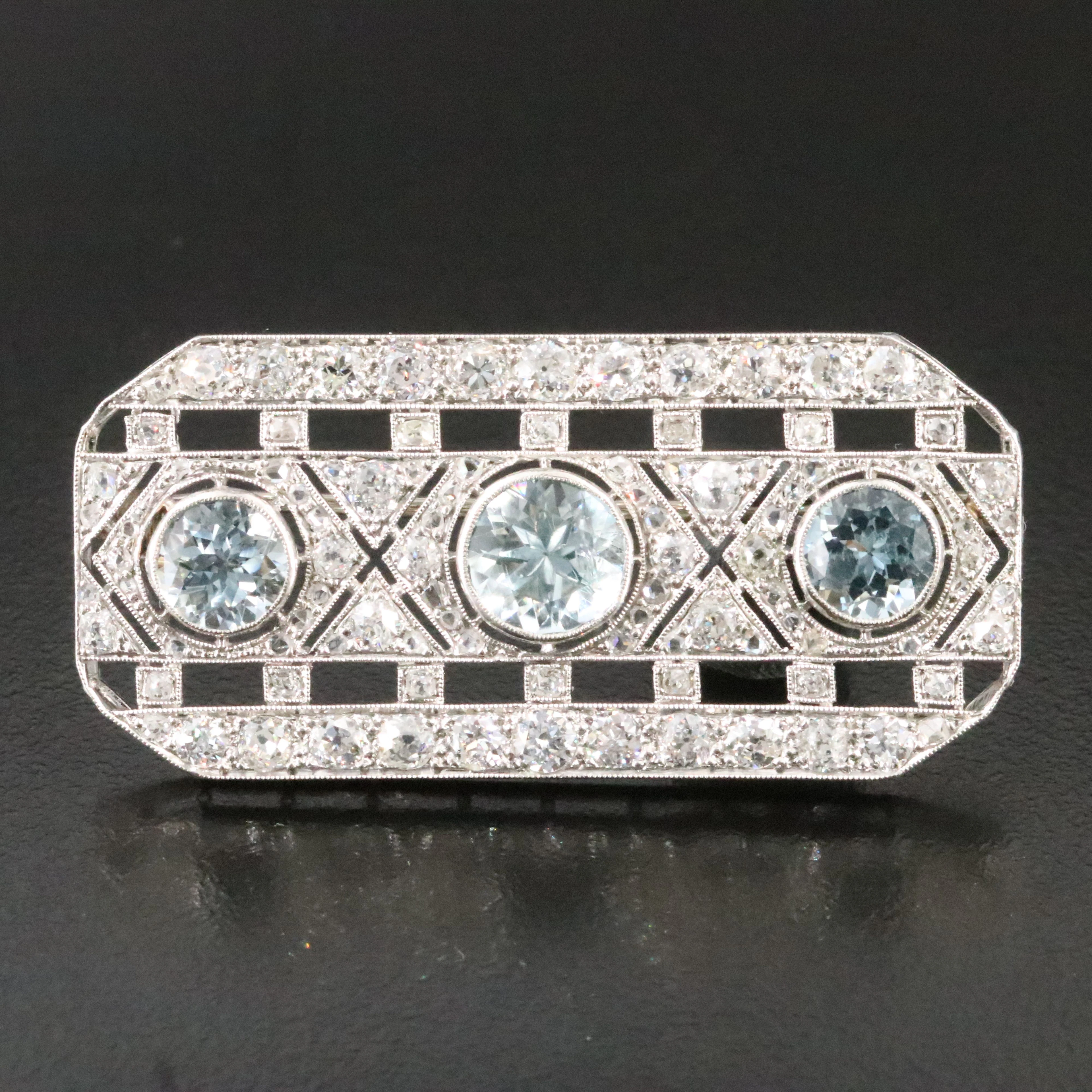 French Art Deco Platinum Aquamarine and 2.34 CTW Diamond Rectangular Brooch