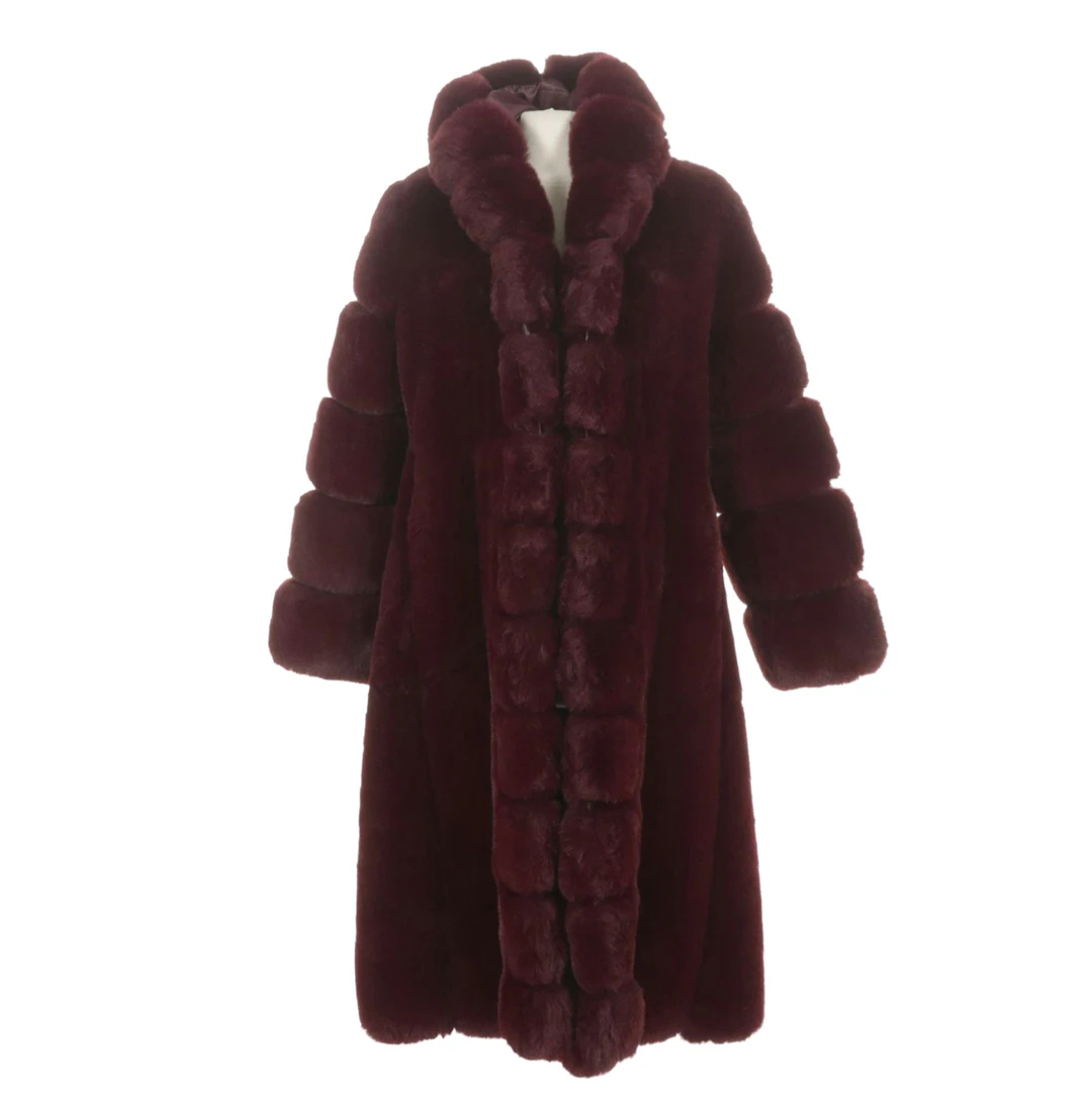 Akira Burgundy Faux Fur Hooded Coat