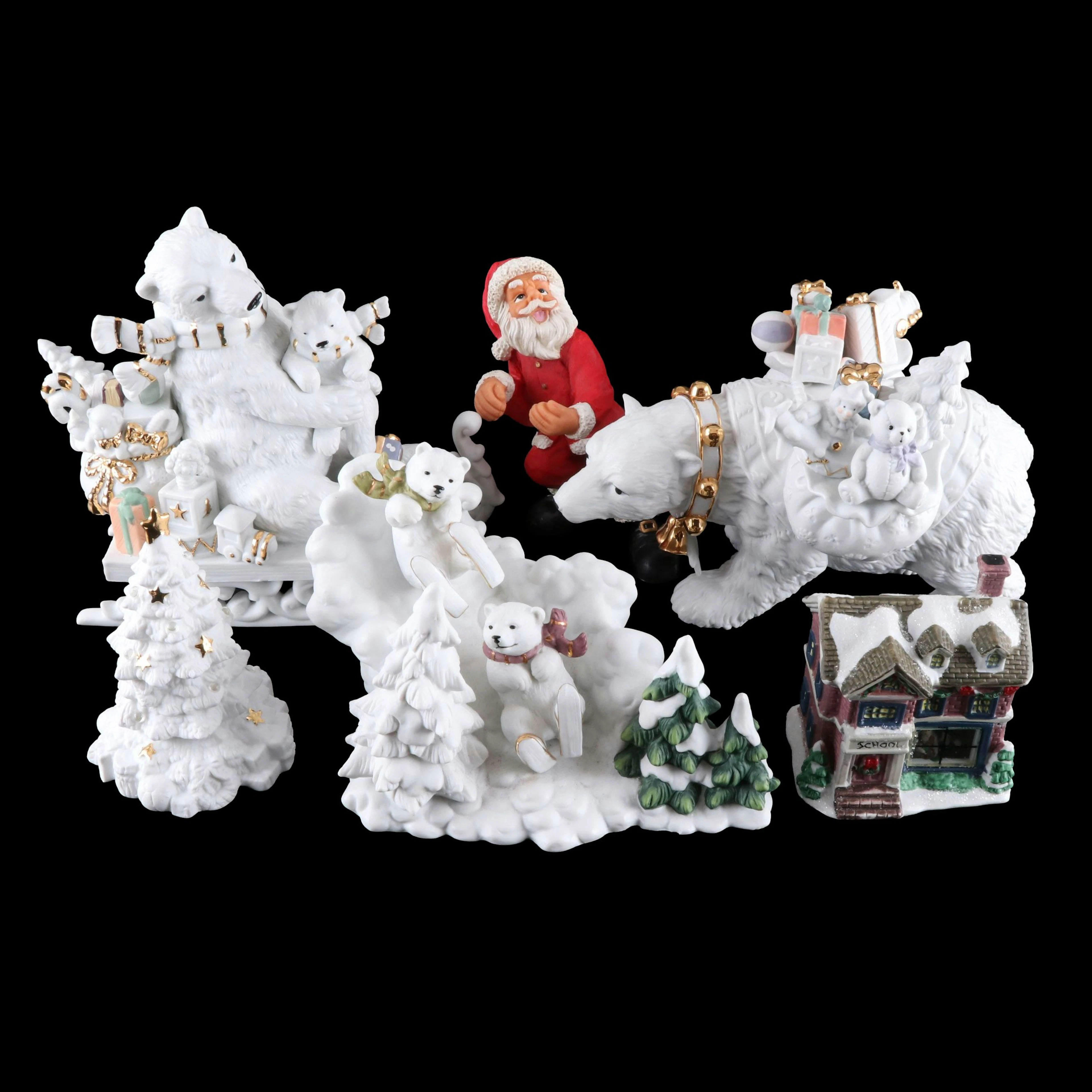 Gilt Porcelain Polar Bears with Santa Figure and More Seasonal Décor