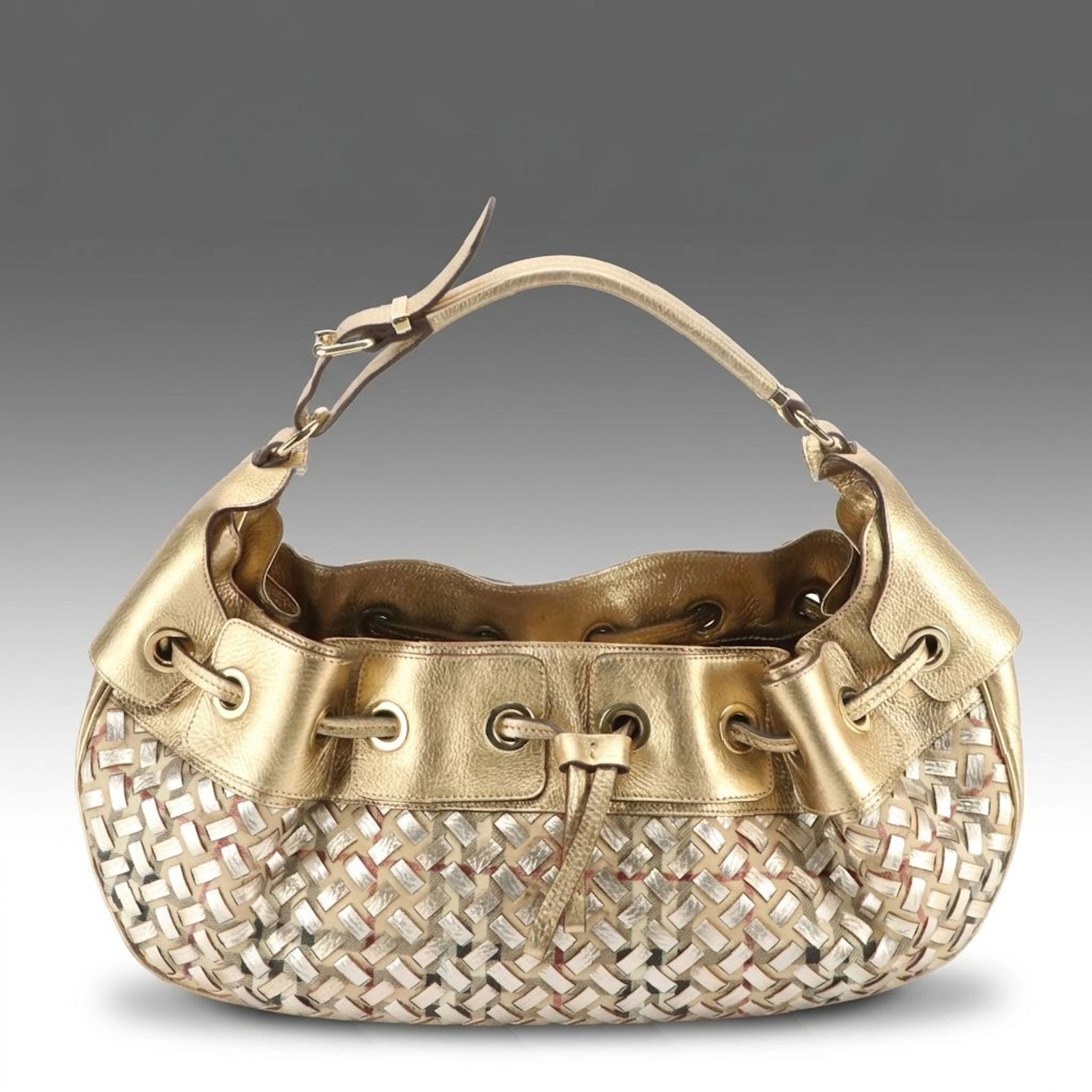 Burberry Warrior Hobo Bag in Metallic Woven Leather Haymarket Check Canvas