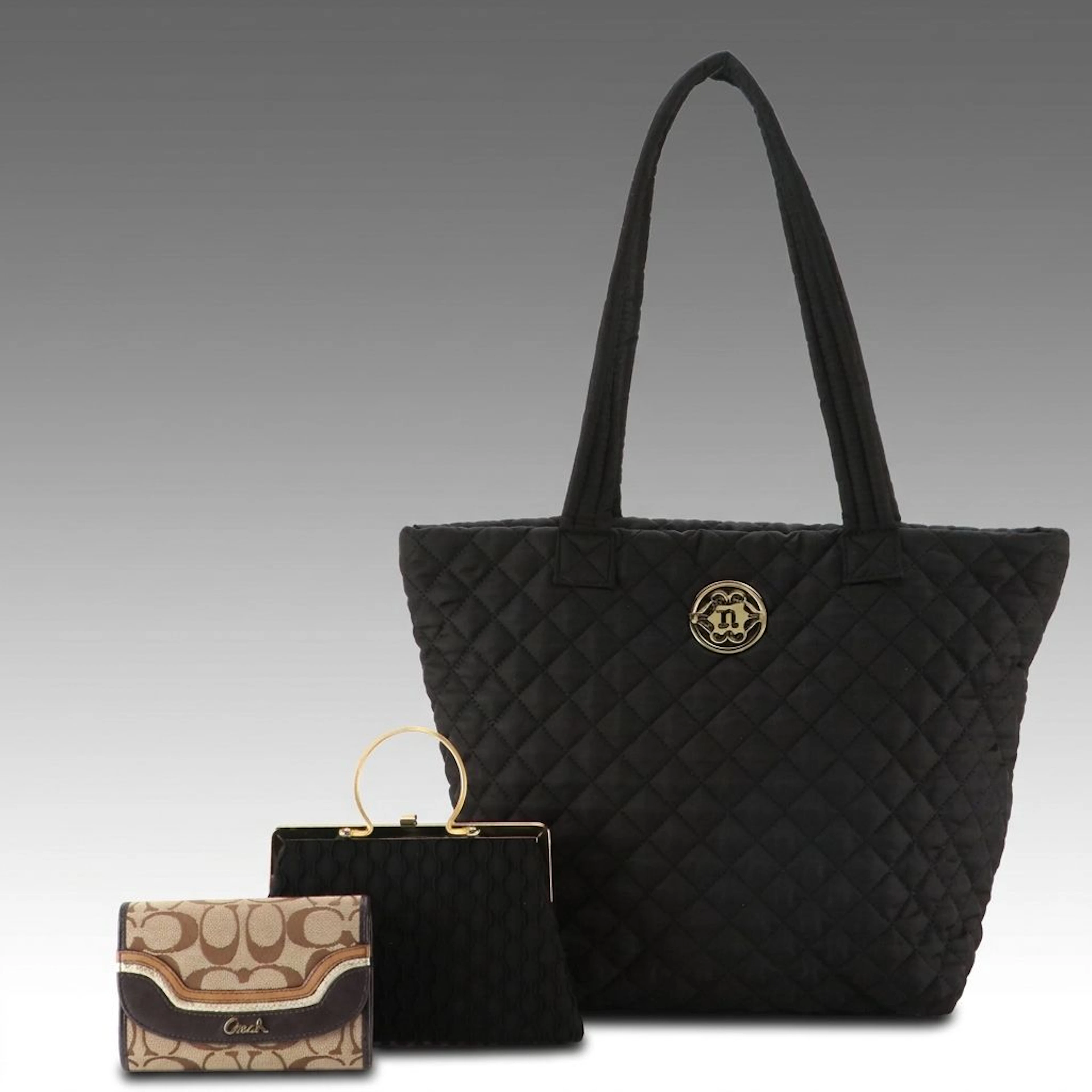 Nanette Lepore Quilted Nylon Canvas Tote, HL Framed Bag & Coach Trifold Wallet