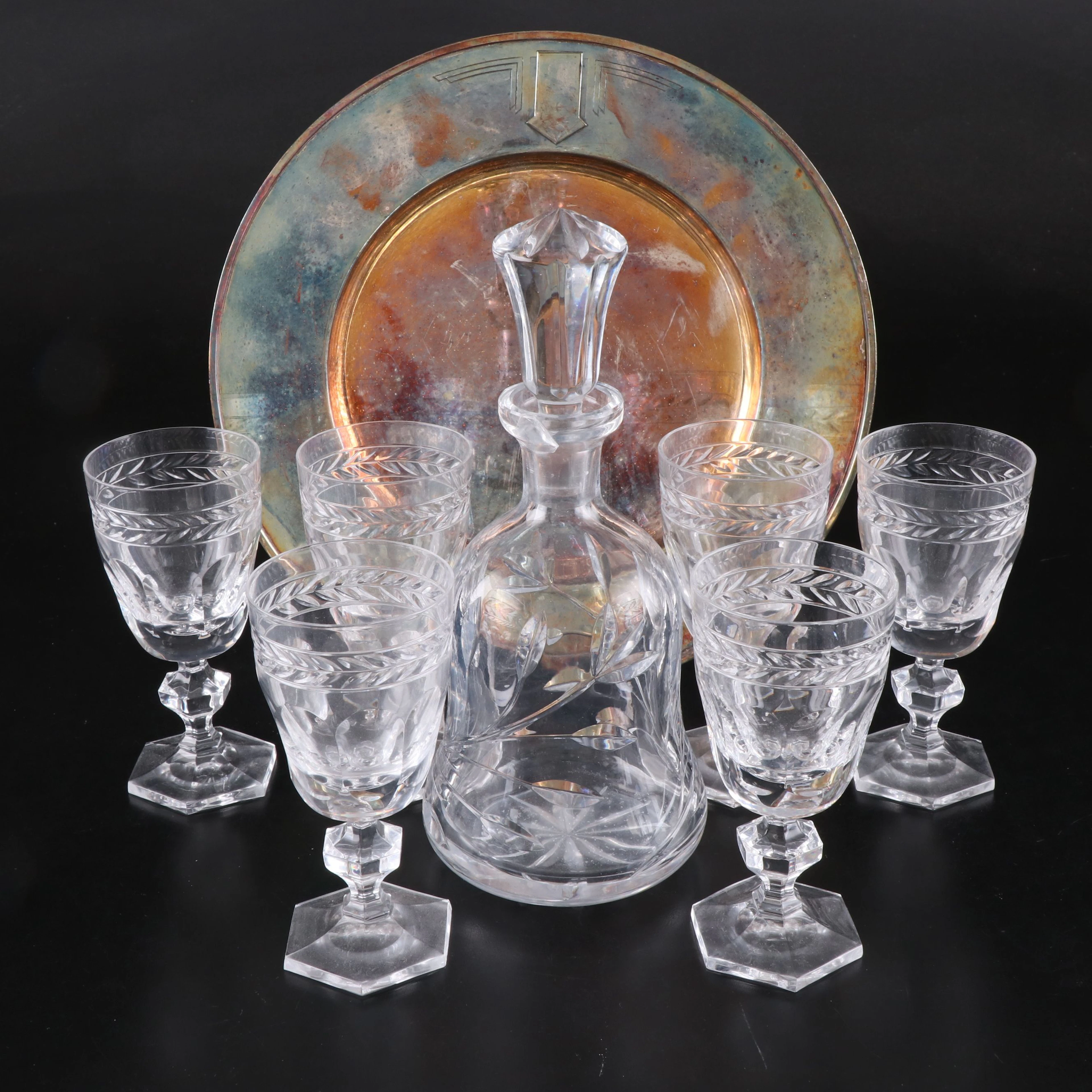 Holmes & Edwards Silver Plated Platter with Cristal de France Cordials