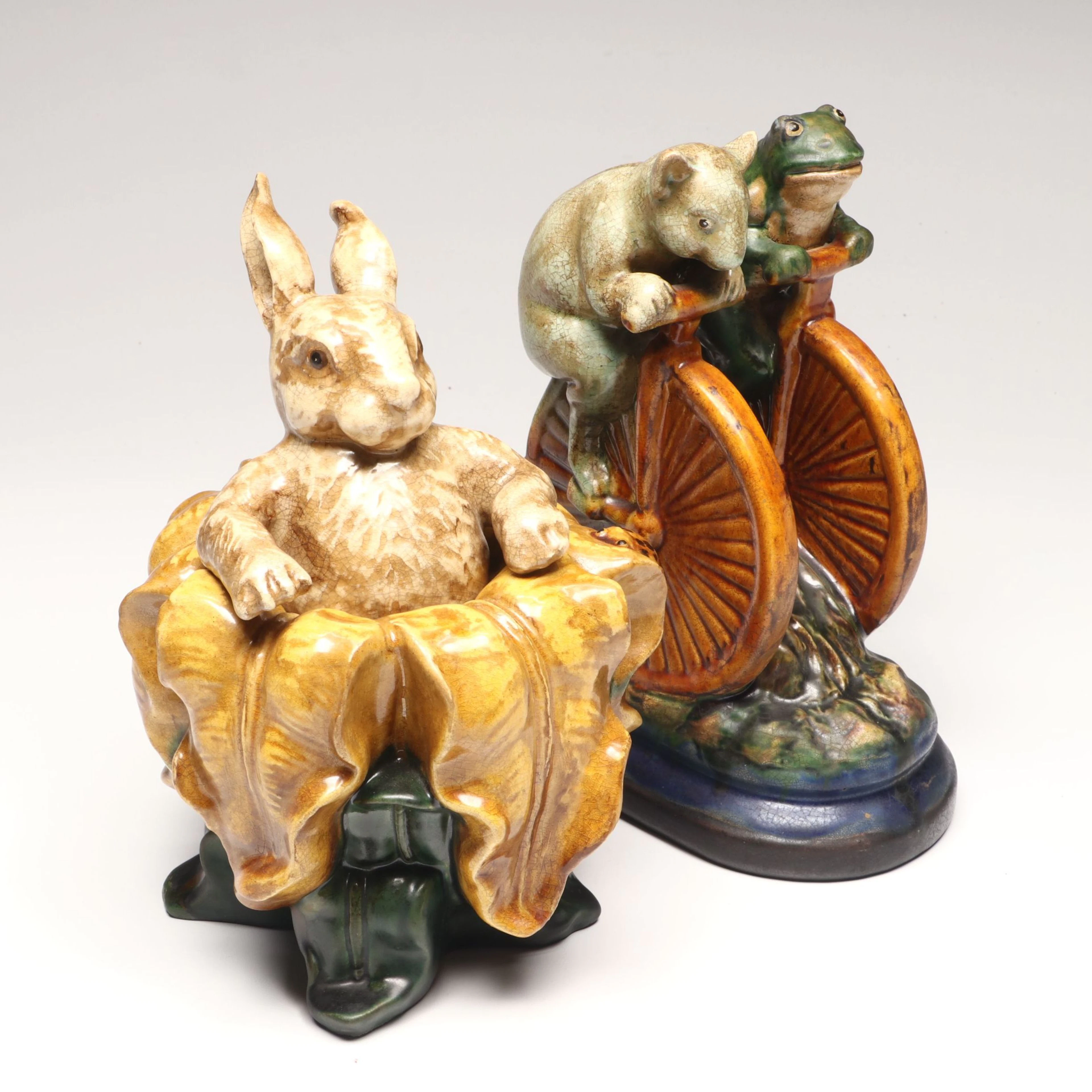 Chinese Ceramic Rabbit Jar with Frog and Mouse Bicycle Figure
