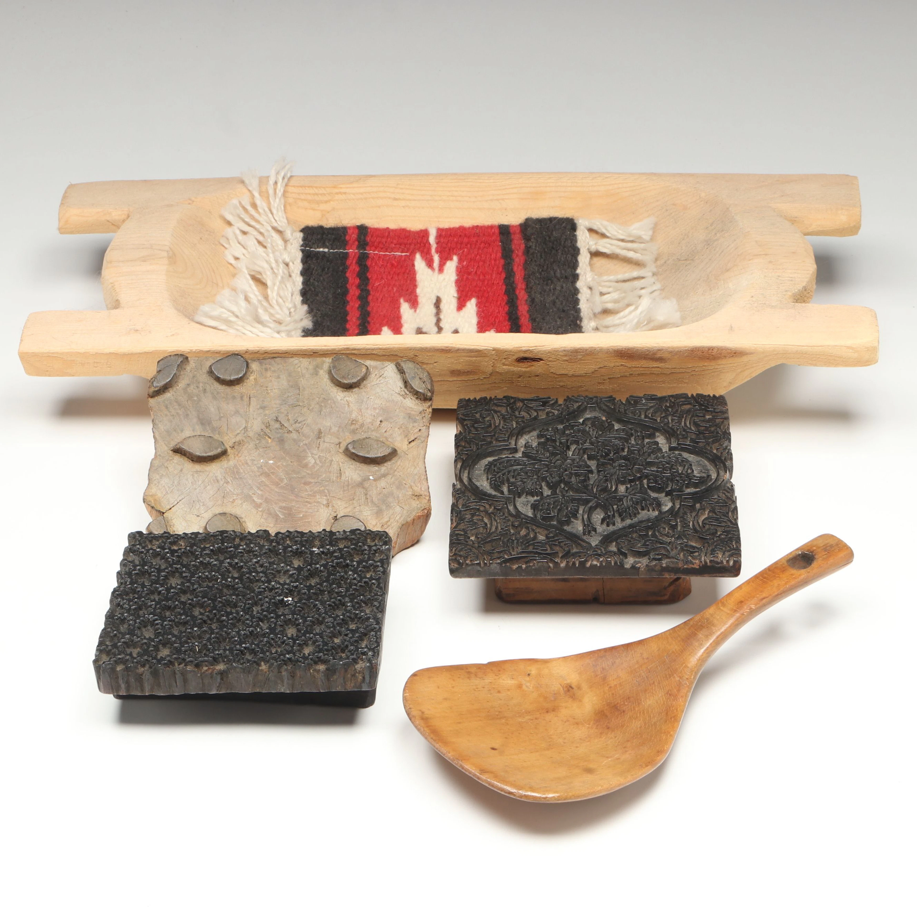 Indian Hand-Carved Wooden Textile Printing Blocks, Dough Bowl and More