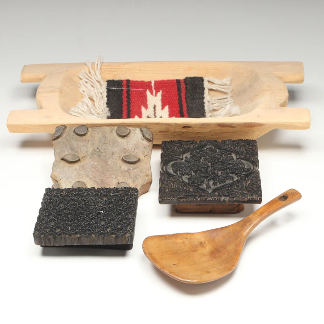 Indian Hand-Carved Wooden Textile Printing Blocks, Dough Bowl and More