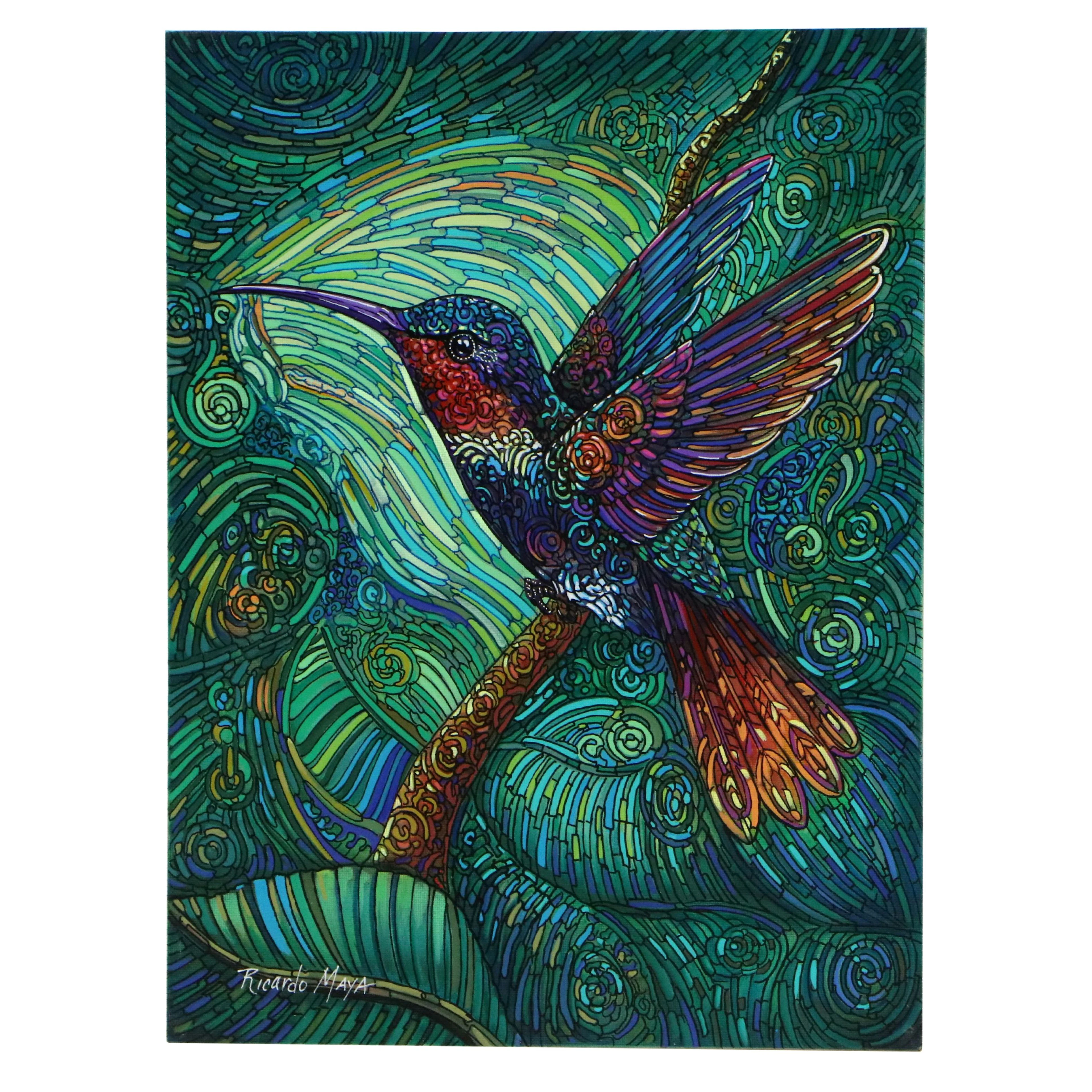 Ricardo Maya Acrylic Painting of Stylized Hummingbird, 2026