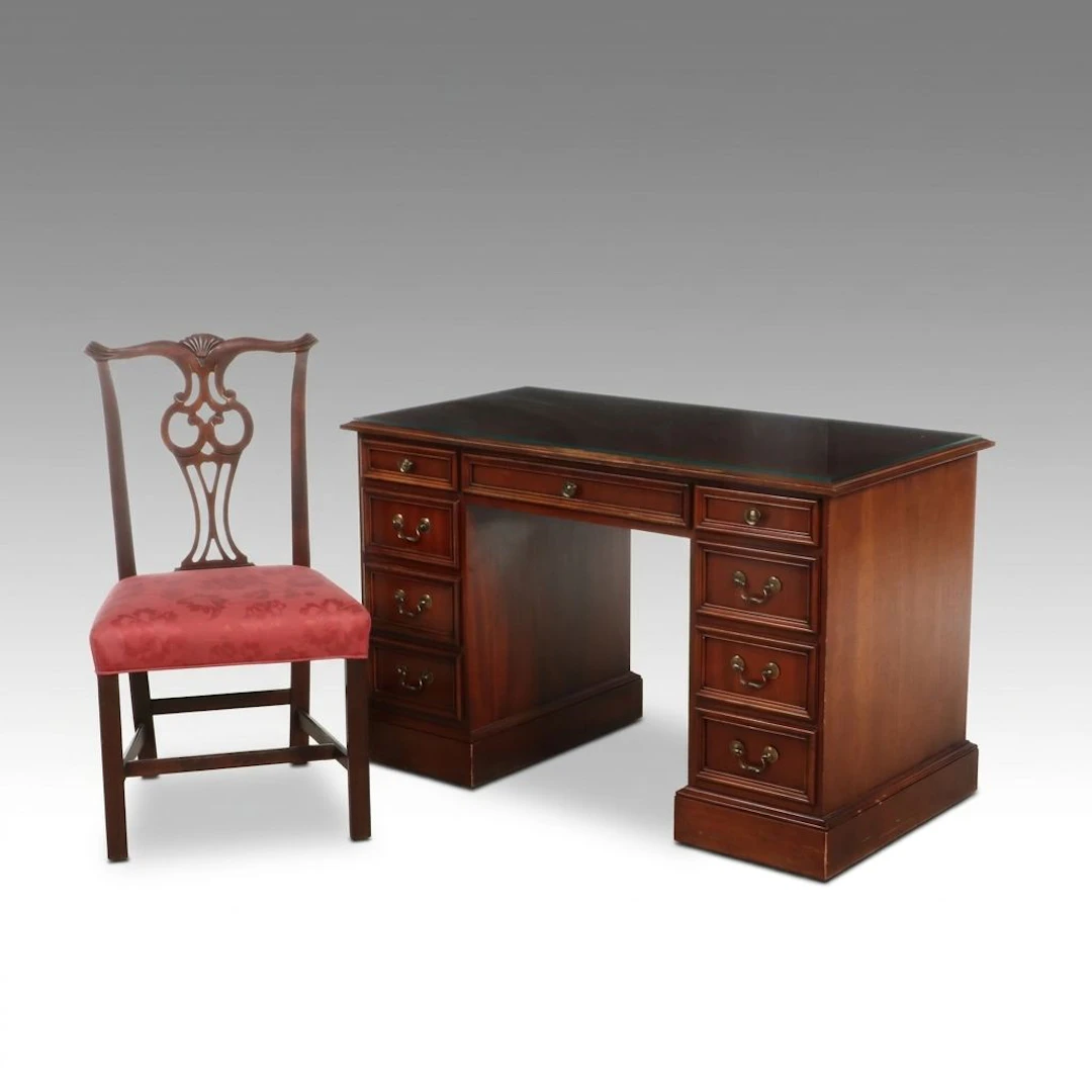 Hekman Kneehole Desk with Chippendale Style Side Chair