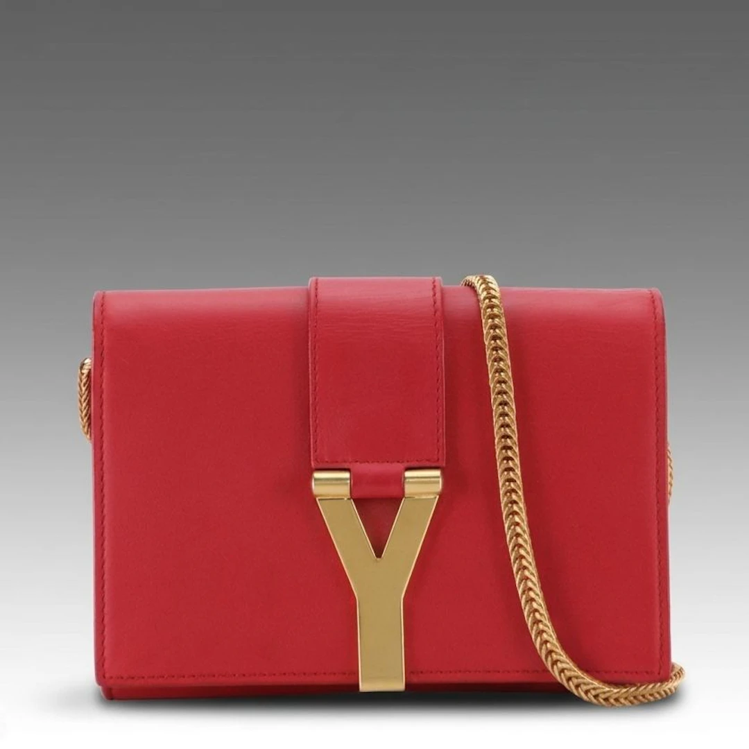 Saint Laurent Red Leather Y Ligne Mini Pochette Flap Bag with Chain Strap
