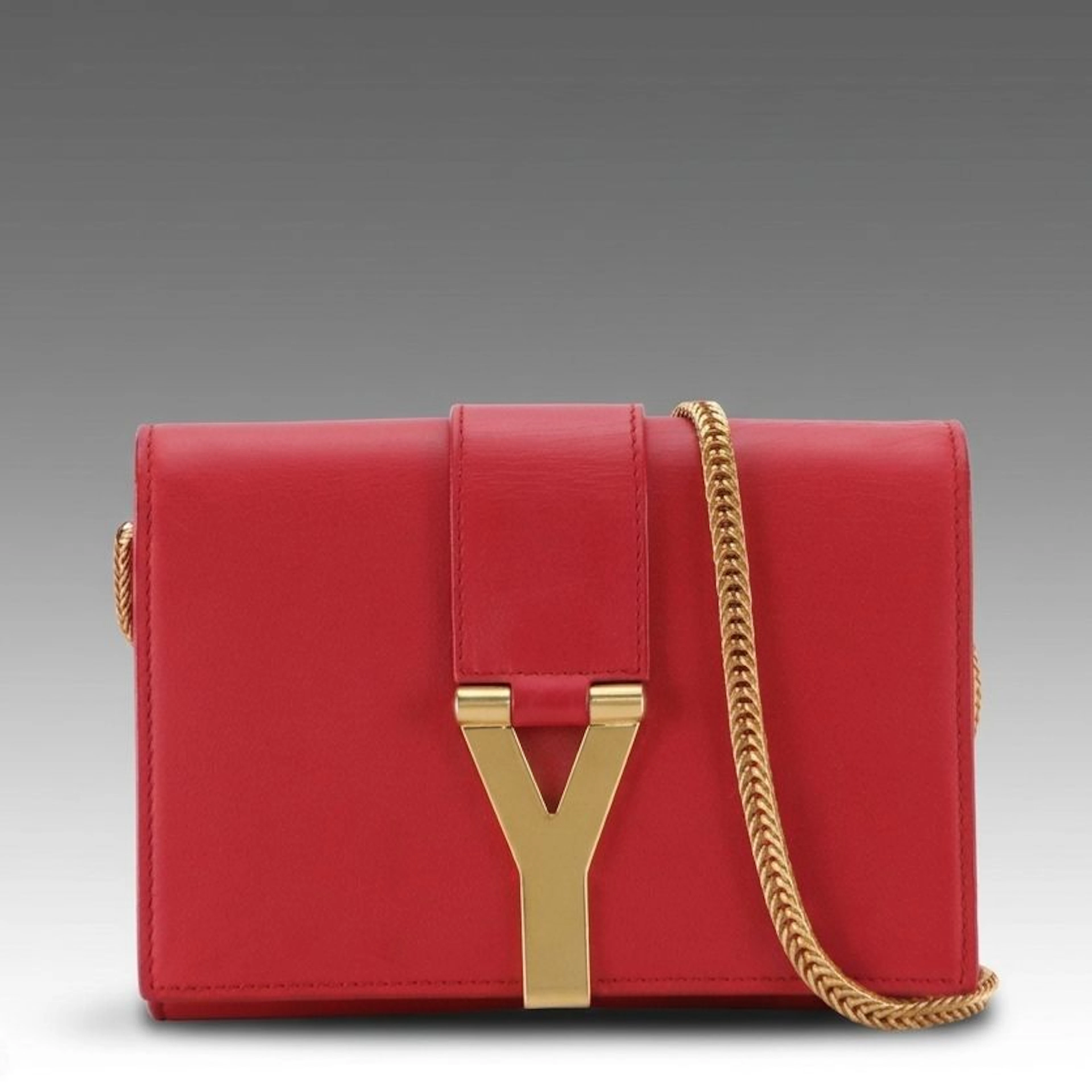 Saint Laurent Red Leather Y Ligne Mini Pochette Flap Bag with Chain Strap