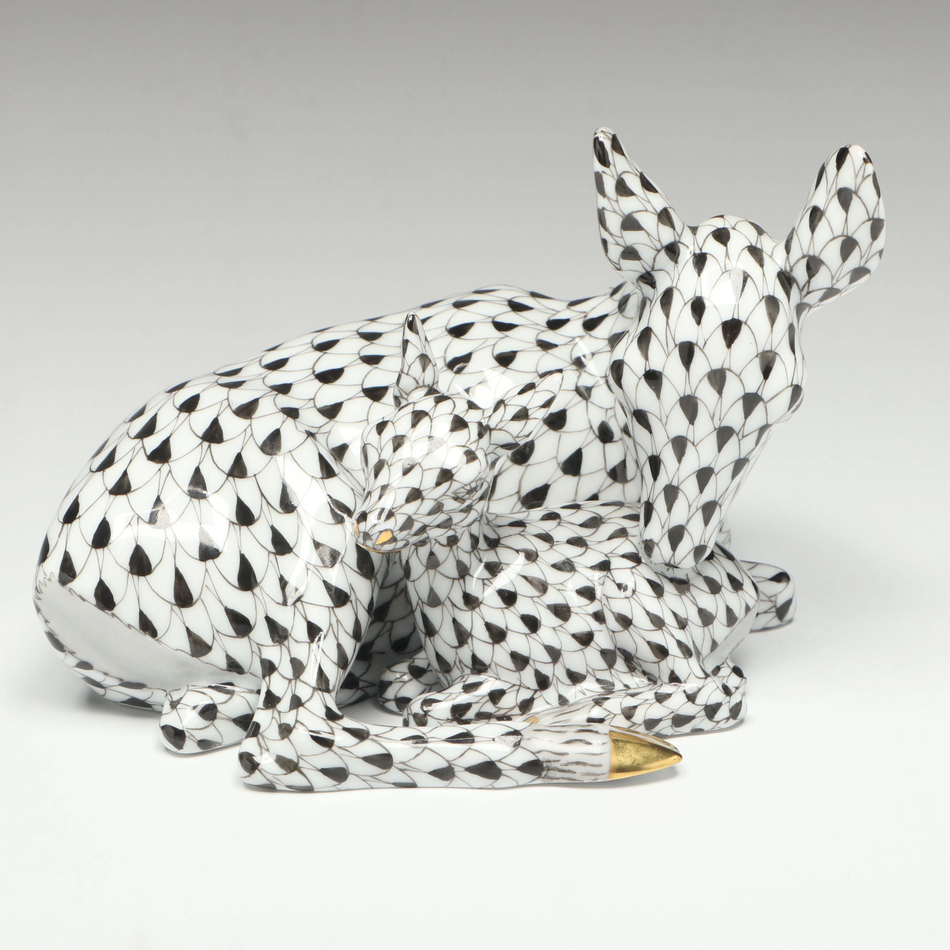 Herend Black Fishnet with Gold “Deer with Fawn” Porcelain Figurine